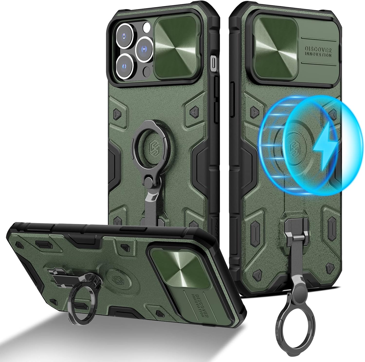 Nillkin Funda para iPhone 13 Pro Max con soporte, funda para cámara deslizante, de grado militar, a prueba de golpes, compatible con cargador