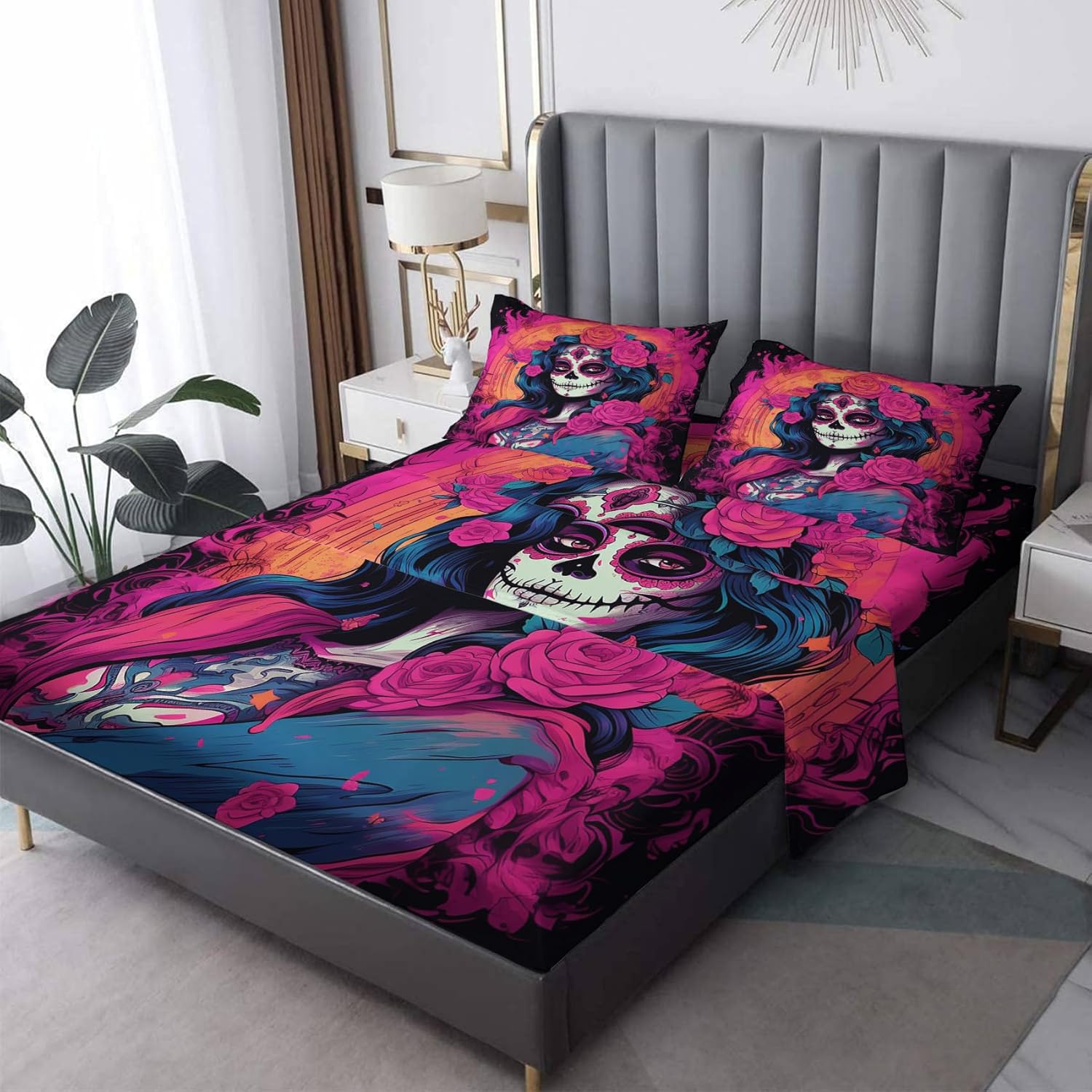 Day of The Dead – Juego de sábanas de tamaño King, sábanas mexicanas, sábanas y fundas de almohada estampadas, 4 piezas, sábana bajera ajustable de