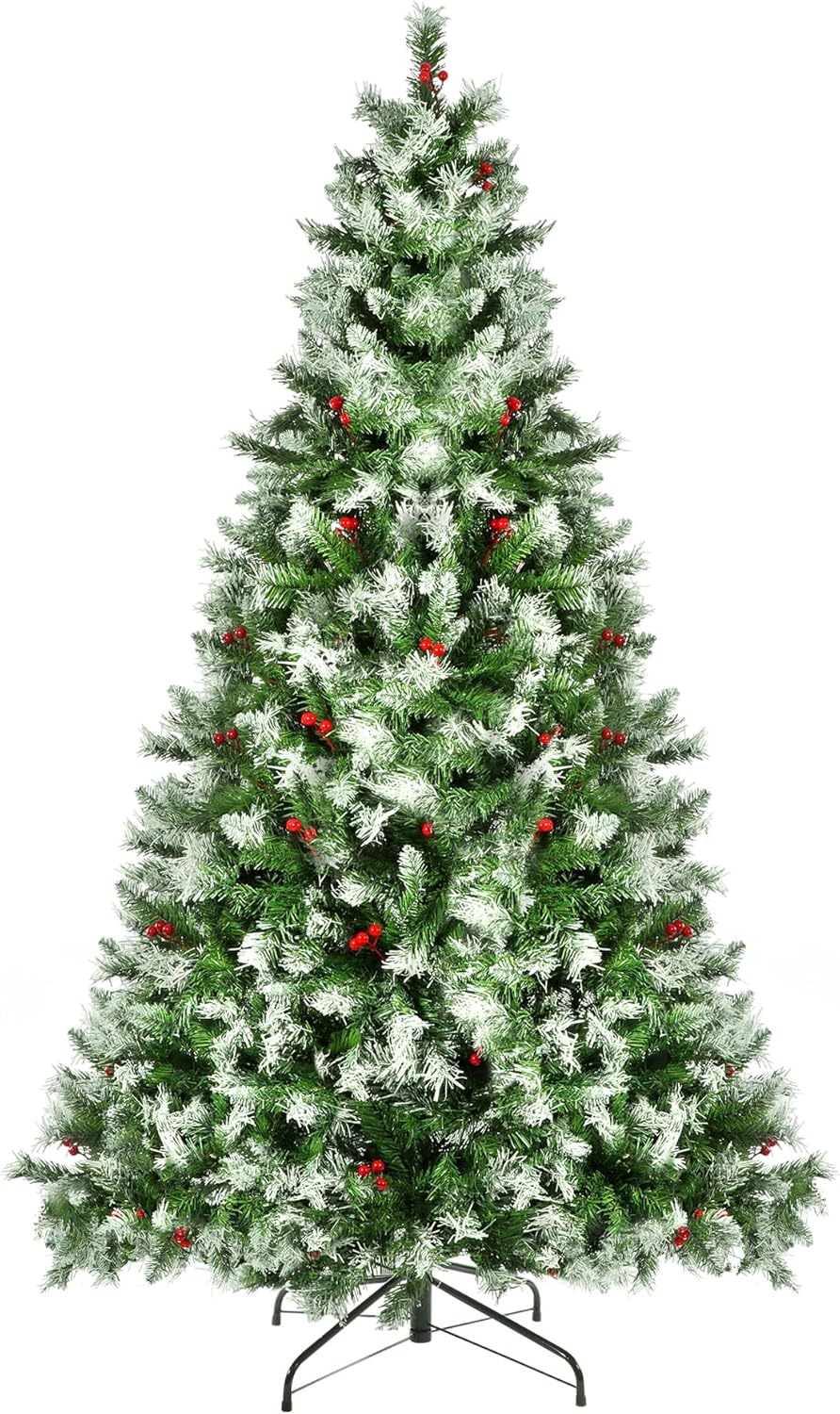 Árbol de Navidad artificial preiluminado de 6 pies, pinos de Navidad con 250 luces blancas cálidas, 818 puntas de rama, 58 bayas, bolsa de