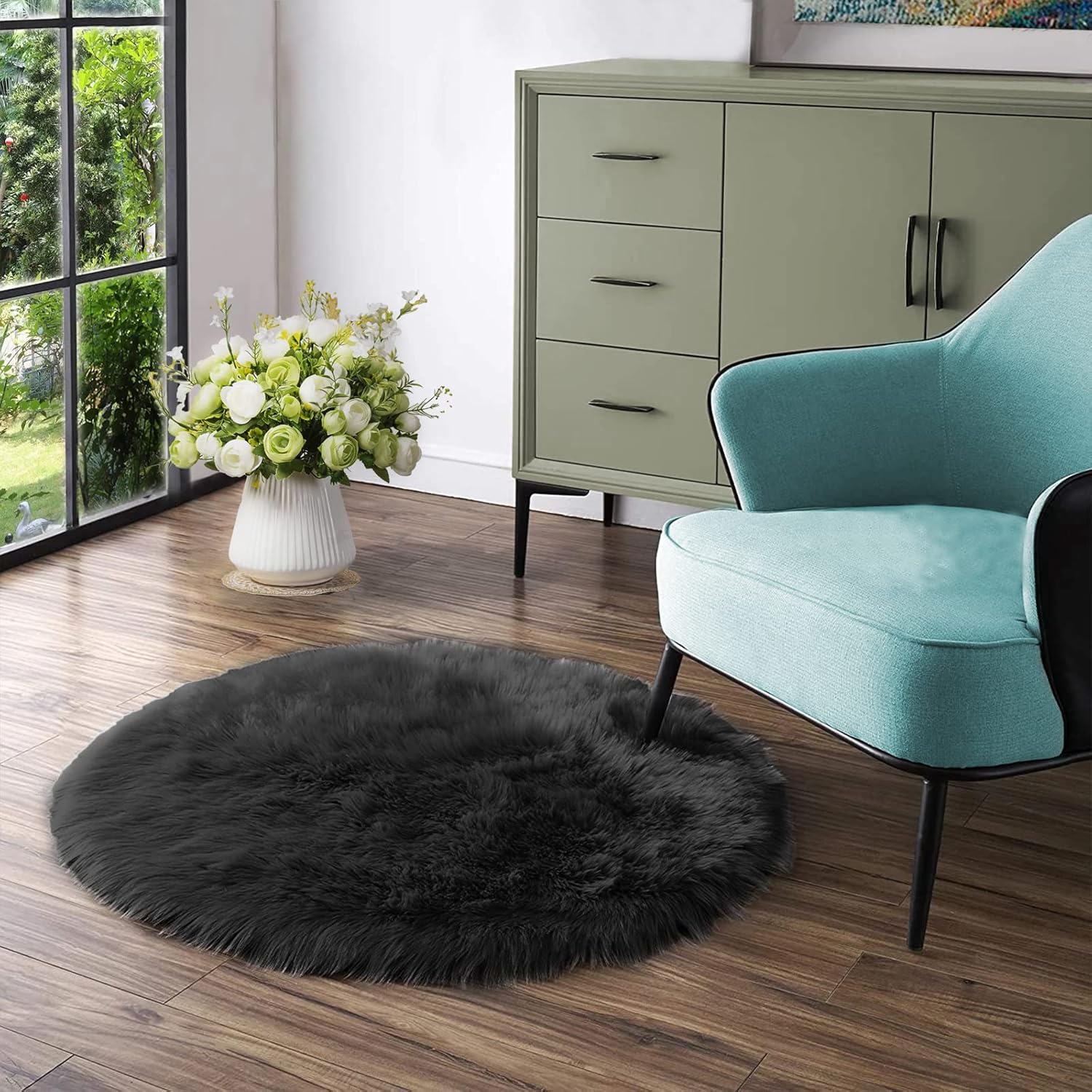 Latepis – Tapete redondo de piel sintética tipo lana de oveja suave, esponjosa y lavable para sala de estar, dormitorio, habitación de adolescentes