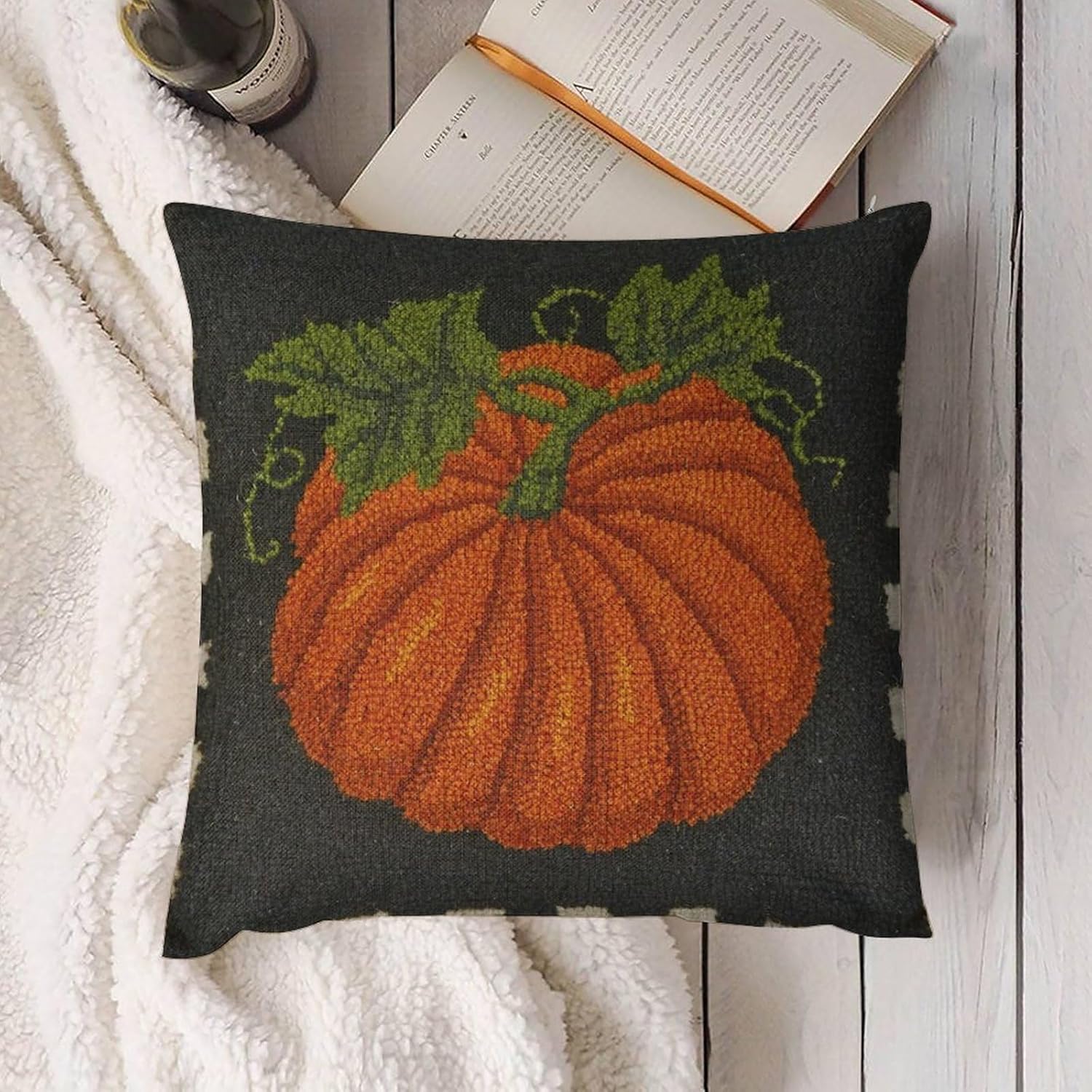 Funda de almohada con gancho de calabaza, fundas de almohada decorativas de otoño, fundas de cojín lumbar suaves para sofá, dormitorio, 18 x 18