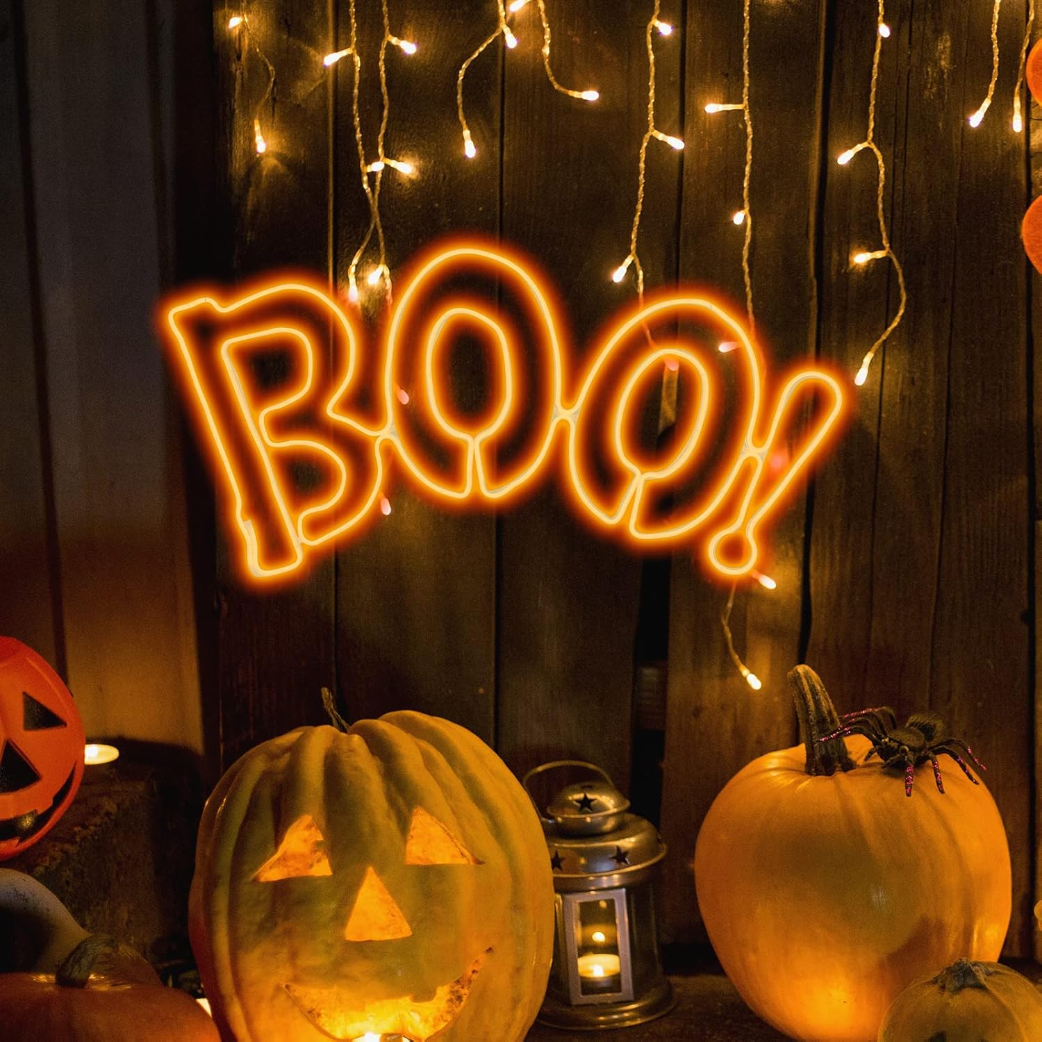 JUSTPRO Large 36×17 Inch Super-Bright 666LED Boo Neon Motif Orange LEDs Outdoor Halloween Decoration with UL Standard Adaptor Waterproof for Outdoor