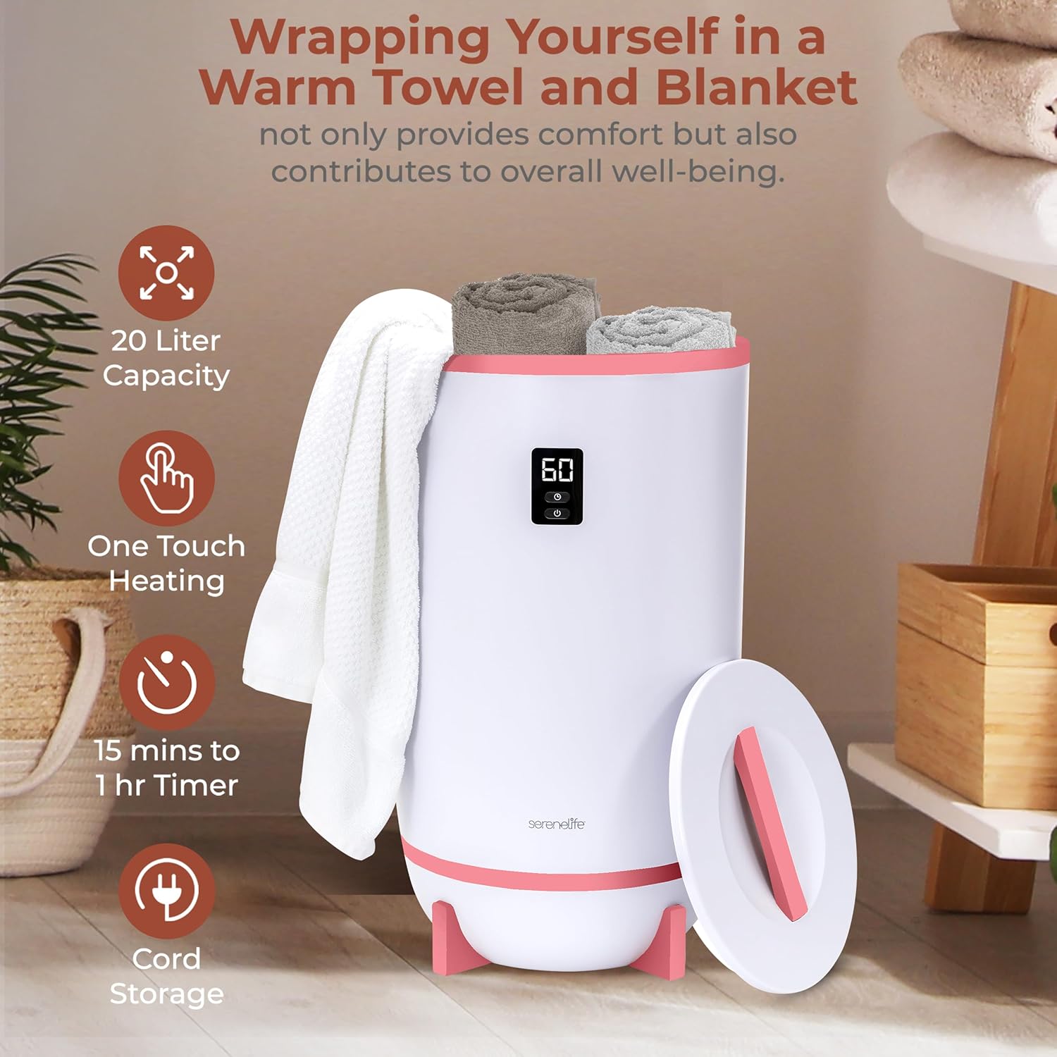 SereneLife Calentador de toallas y mantas de un solo toque con soporte de disco fragante y anillo LED, función de apagado automático, temporizador