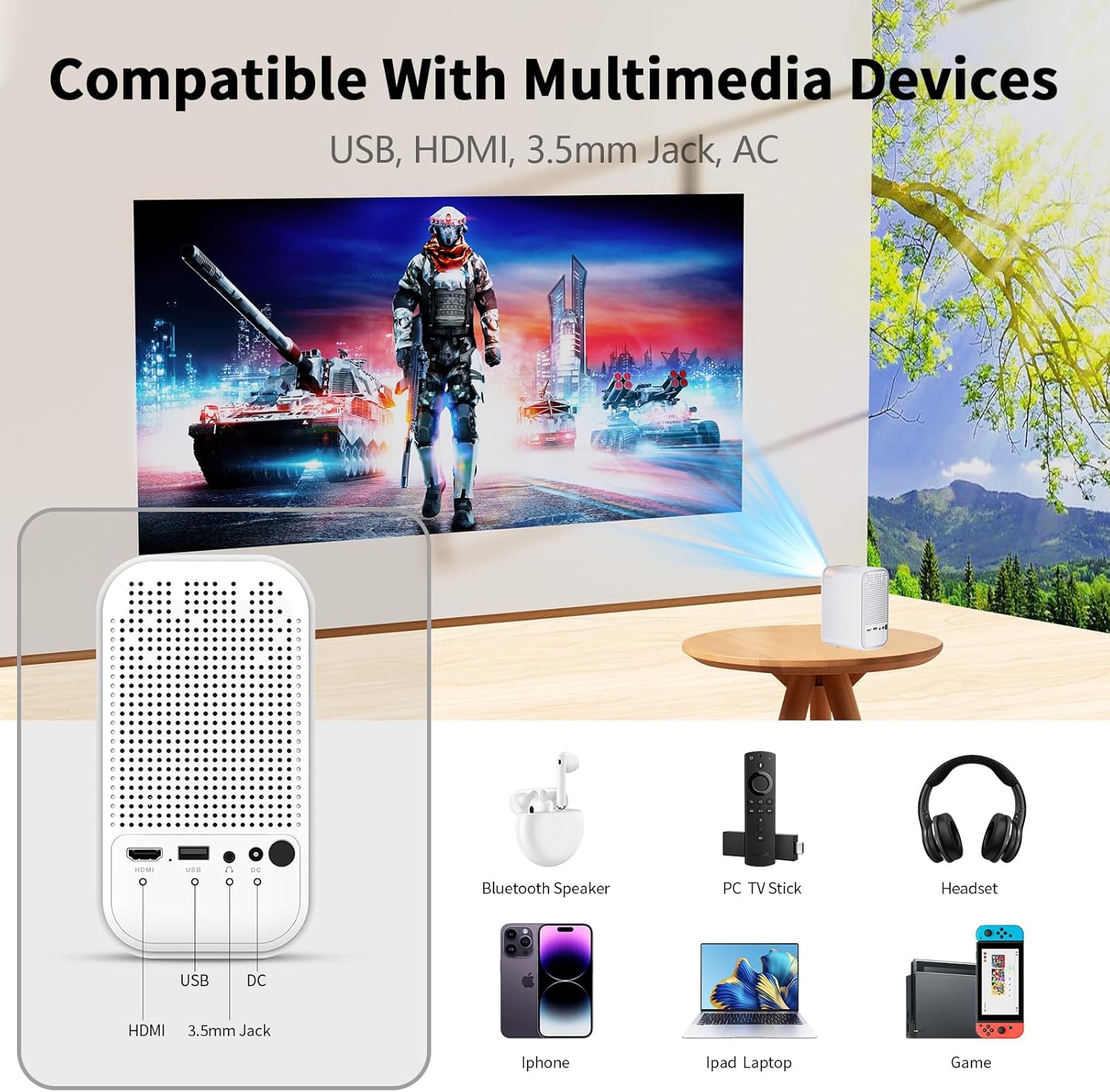 Mini proyector con WiFi 5G y Bluetooth, proyector compatible con 1080P con soporte para proyector, proyector de películas compatible con iOSAndroid,