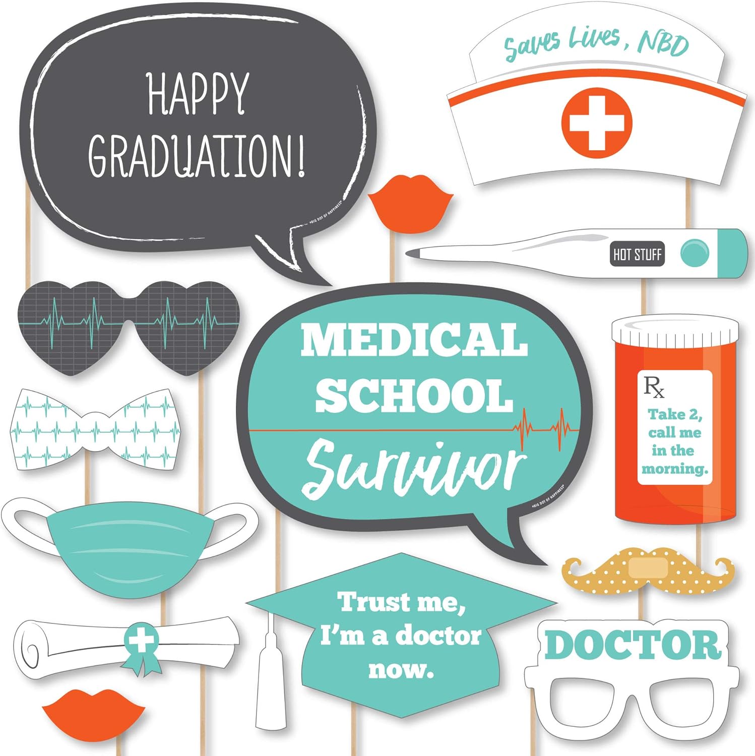 Big Dot of Happiness Graduado de la escuela de medicina – Kit de accesorios para cabina de fotos para fiesta de graduación de médico, 20 unidades