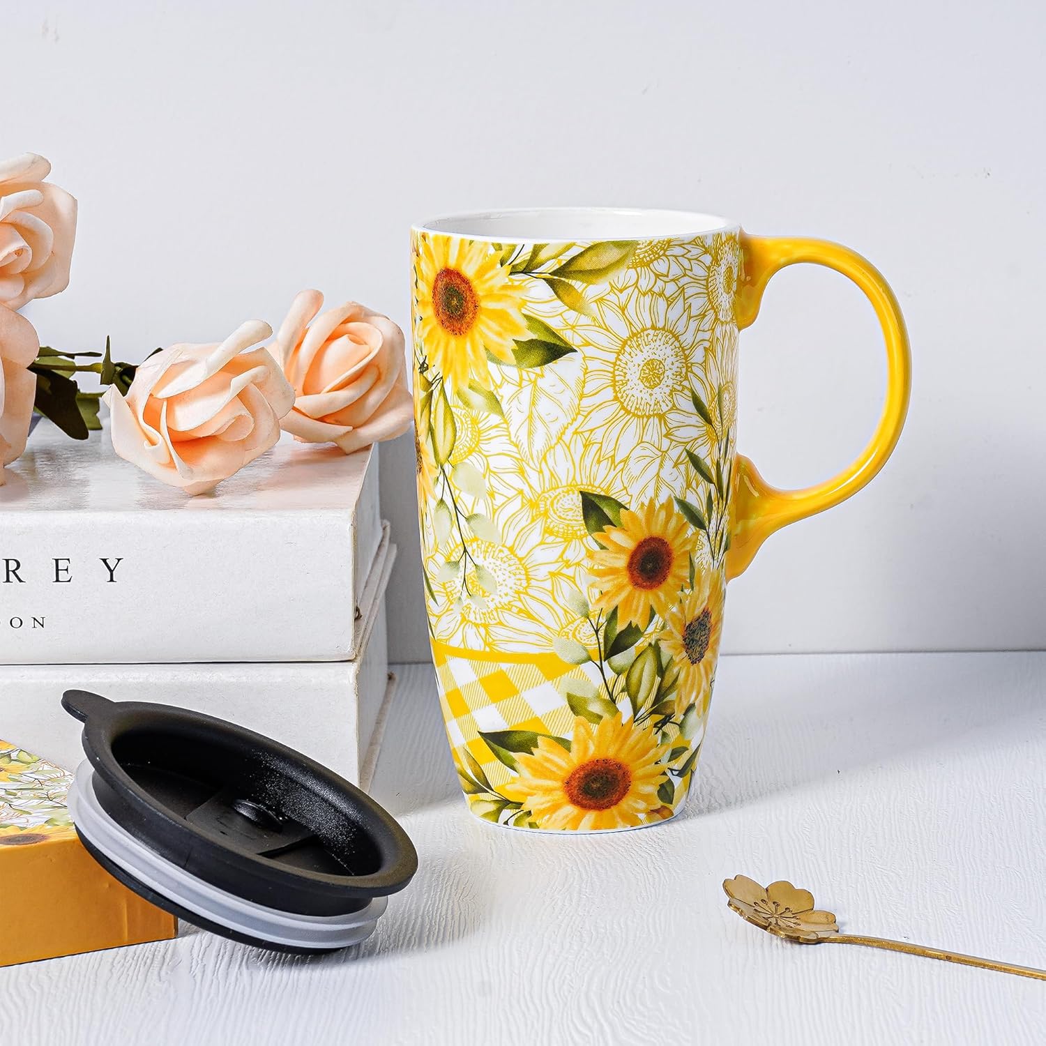 Topadorn Taza de cerámica para café, taza de té de porcelana con tapa en caja de regalo, 17 onzas, girasoles.
