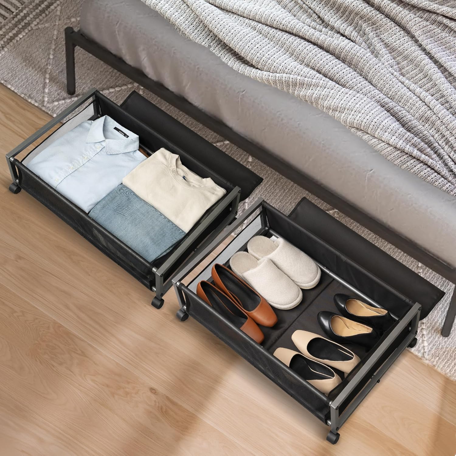 STO STO Contenedores de almacenamiento debajo de la cama con ruedas y tapa, paquete de 2 cajones organizadores de almacenamiento de zapatos debajo