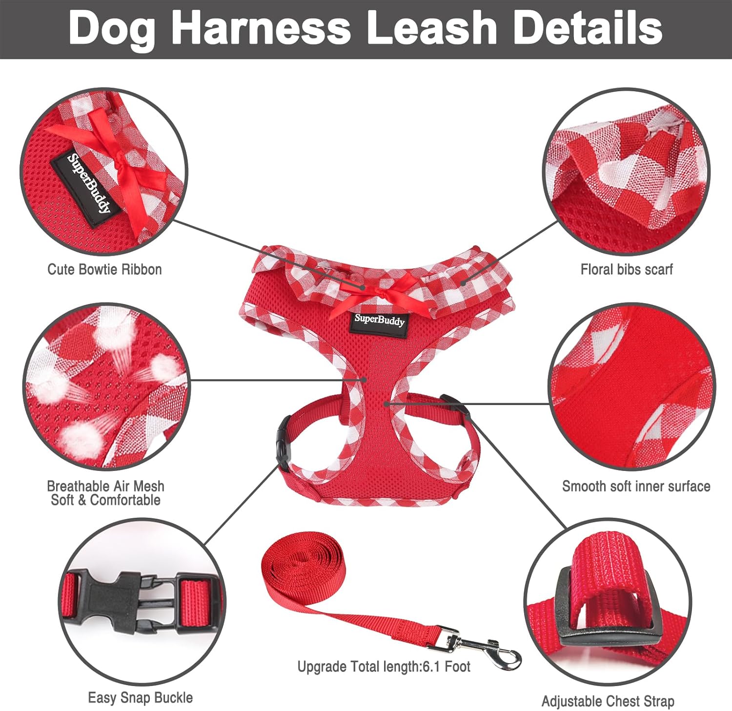 Arnés para perro de malla suave mejorado, arneses súper transpirables y ligeros para mascotas, para cachorros y perros al aire libre, arnés rojo