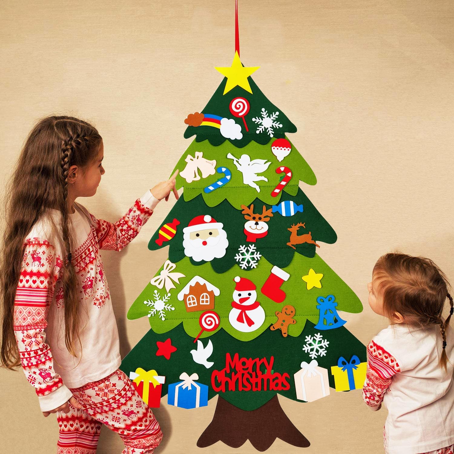 Árbol de Navidad de fieltro para pared de niños, 32 adornos de Navidad desmontables, decoración para colgar en la pared, manualidades de Navidad