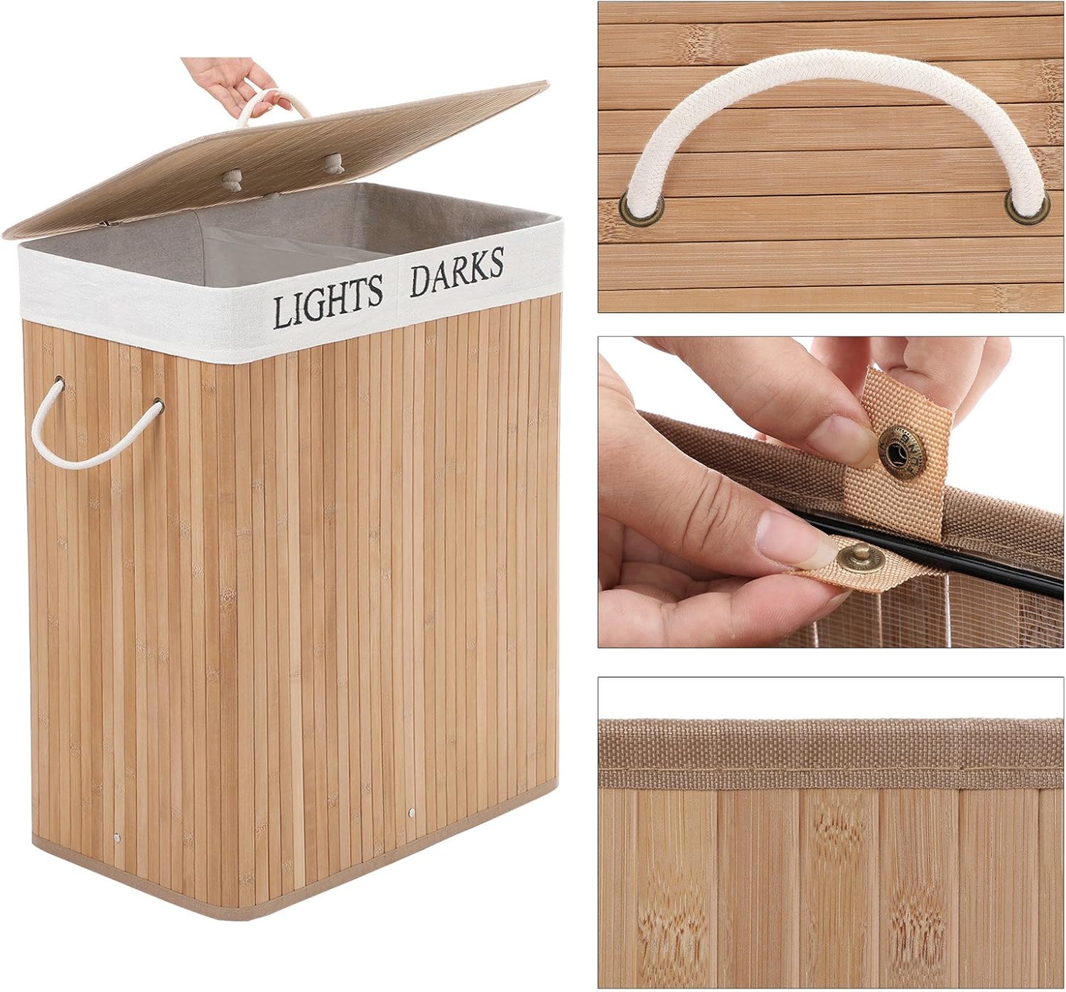 SONGMICS 100L (24.6 x 20.5 x 12.6 in) cesta de lavandería plegable de bambú con 2 compartimentos cesta de lavandería con bolsa de lavandería