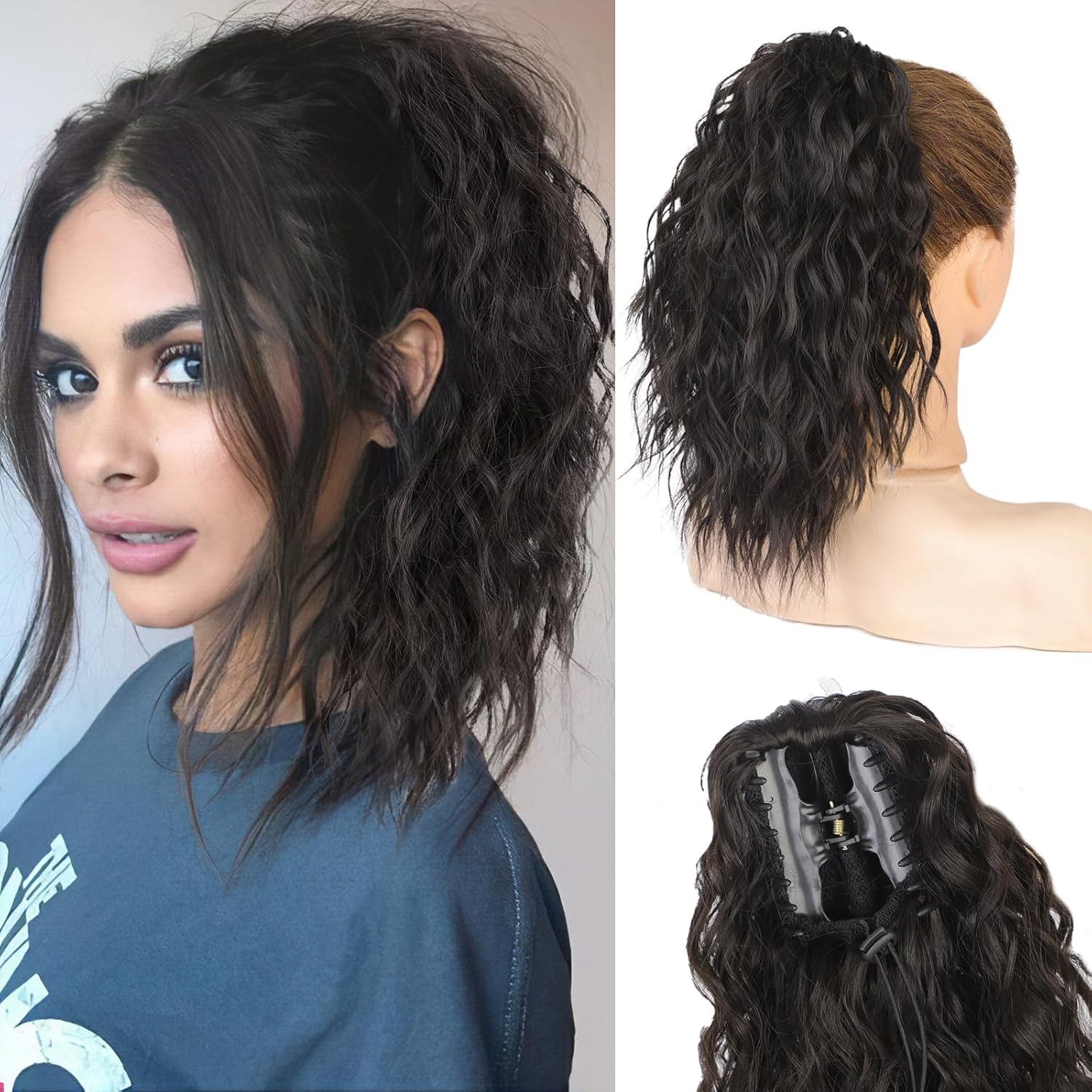Extensiones de cola de caballo con clip de garra para mujer, sintéticas, largas, onduladas, esponjosas (14 pulgadas, marrón oscuro)