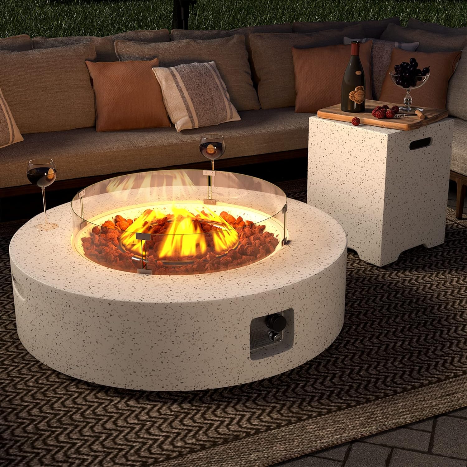 SUNBURY Mesa de fuego de propano para exteriores de 41 pulgadas, 50,000 BTU manchada blanca para patio con protector de viento de vidrio, mesa de