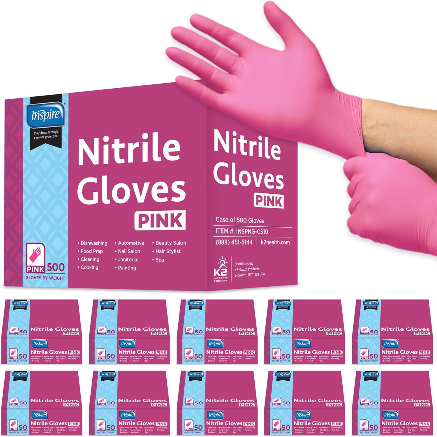 Inspire Guantes desechables sin látex  Guantes de nitrilo rosa para peluquería y uñas, guantes desechables de nitrilo esteticista