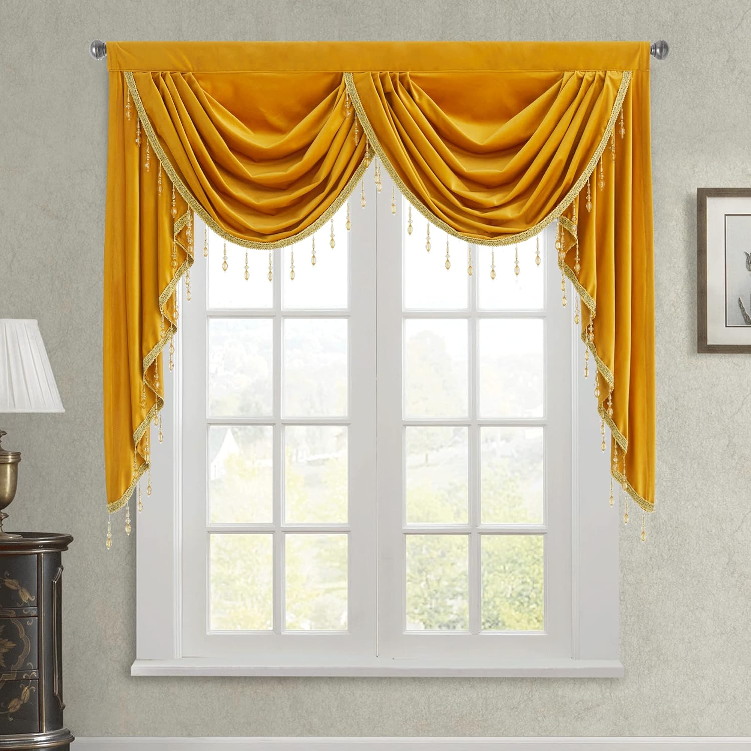 StangH Cortinas de terciopelo con cenefa de cascada para dormitorio, cenefas de privacidad con bolsillo para barra dorada cálida con borlas de