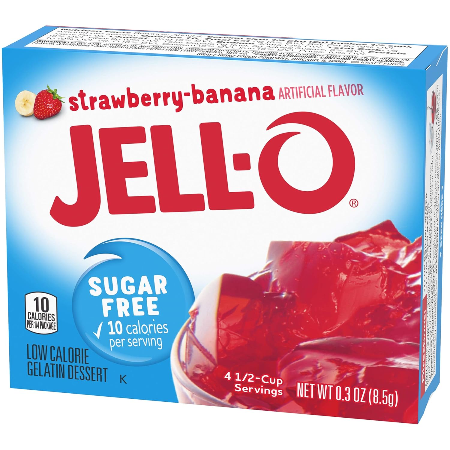 Jell-O Mezcla de postre de gelatina sin azúcar de fresa y plátano (paquete de 24 unidades, cajas de 0.3 onzas)