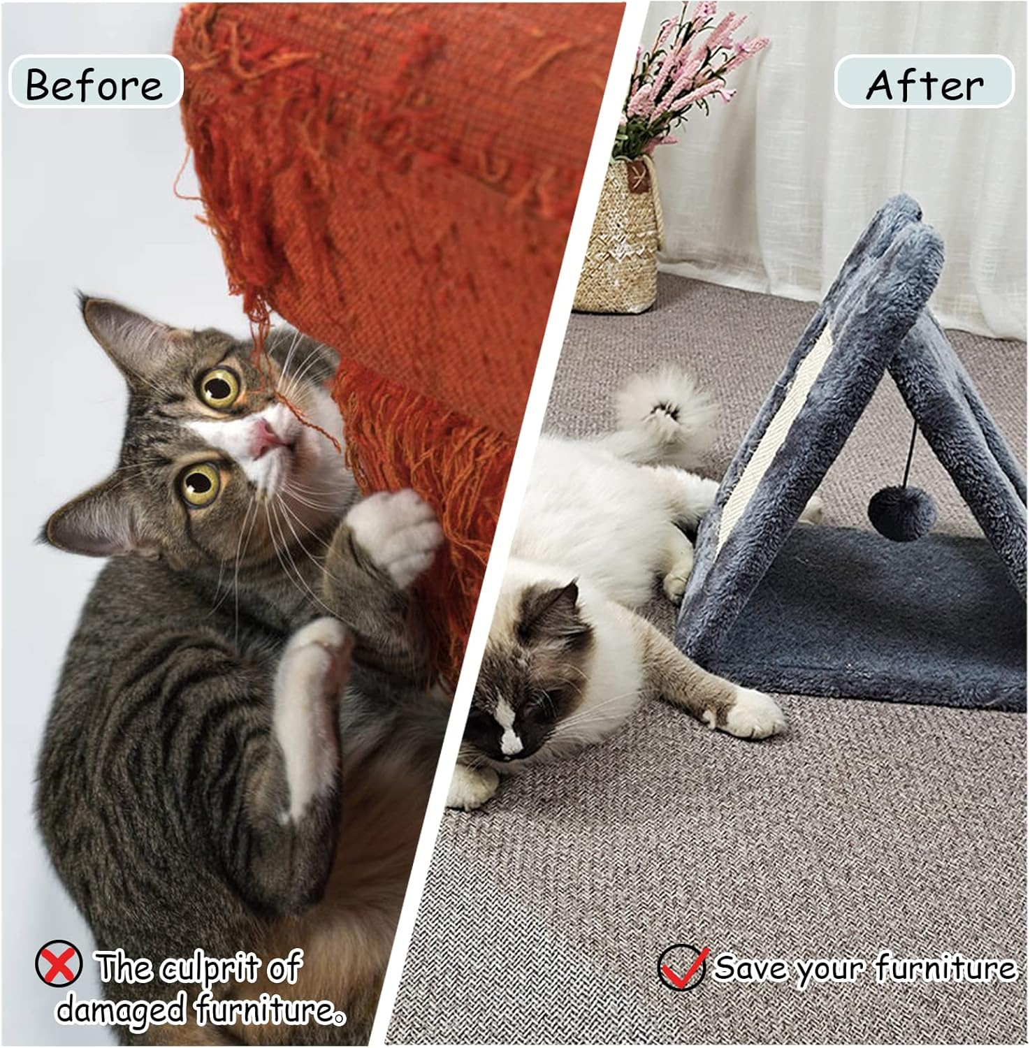 Fhiny Poste rascador triangular para gatos, sisal natural para gatos con bola de felpa colgante, nido de cueva para mascotas, centro de actividades