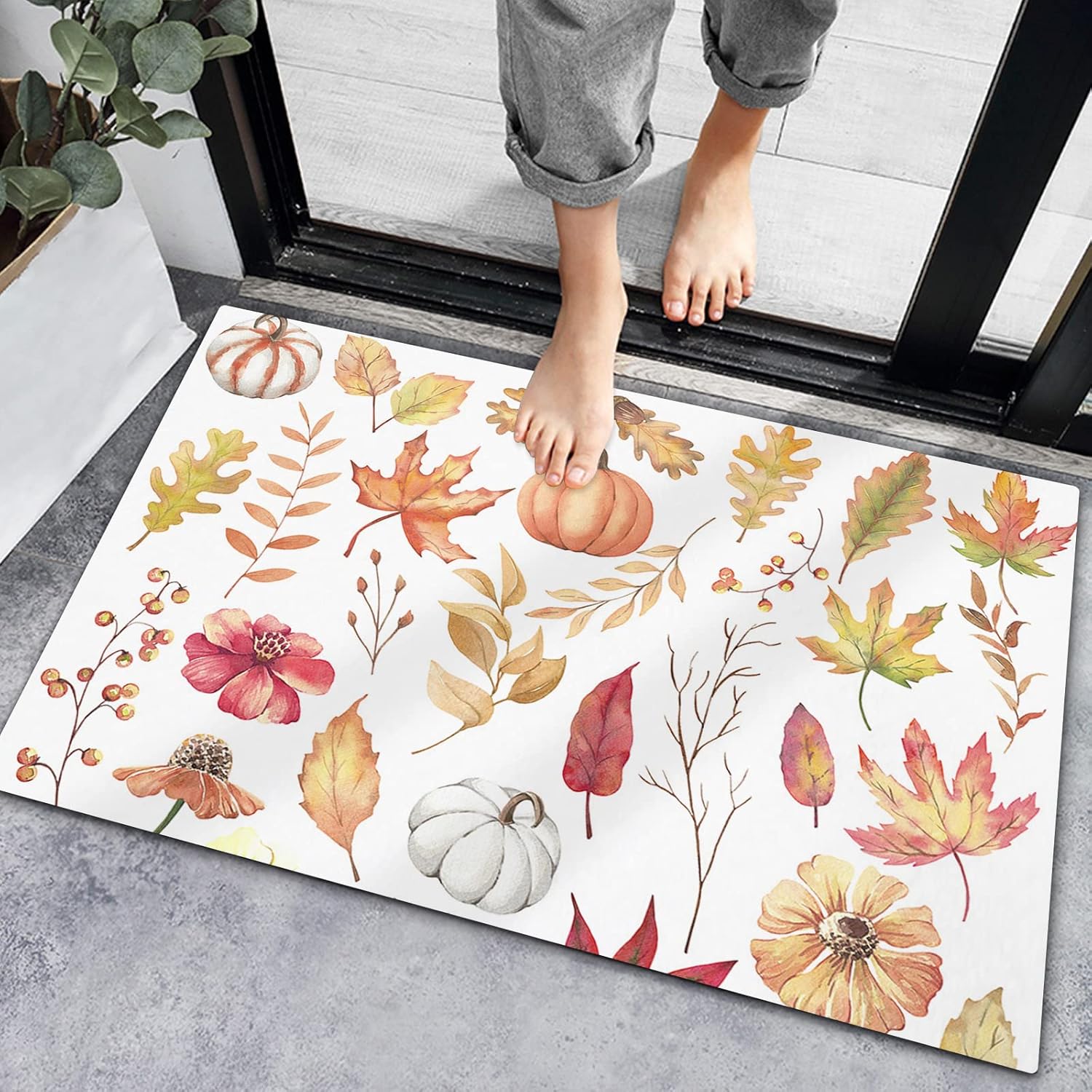 Tapete de baño antideslizante para interiores, alfombras de baño de otoño con hojas de arce cosecha de calabaza, tapetes de bajo perfil, alfombras