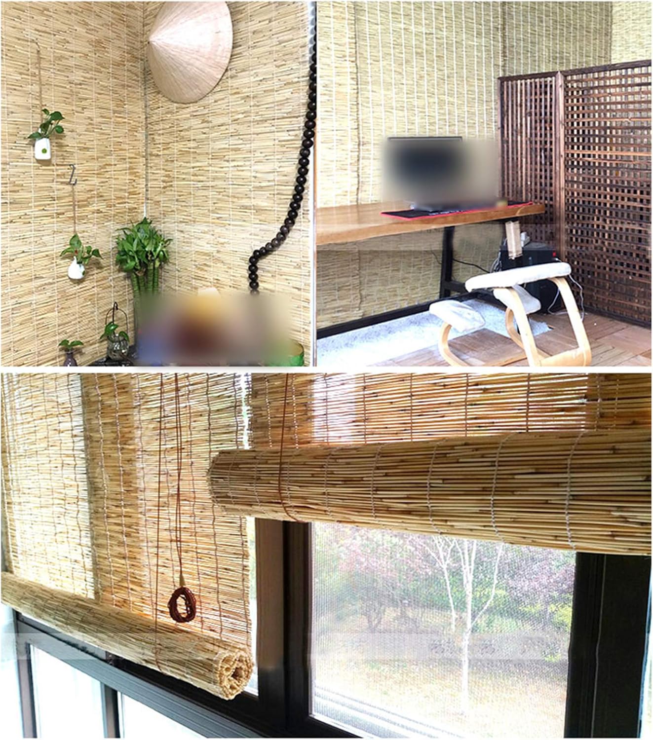 Persianas enrollables de bambú opacas de privacidad, cortinas de caña tejidas a mano naturales, para interiores y exteriores, decoración de pared de