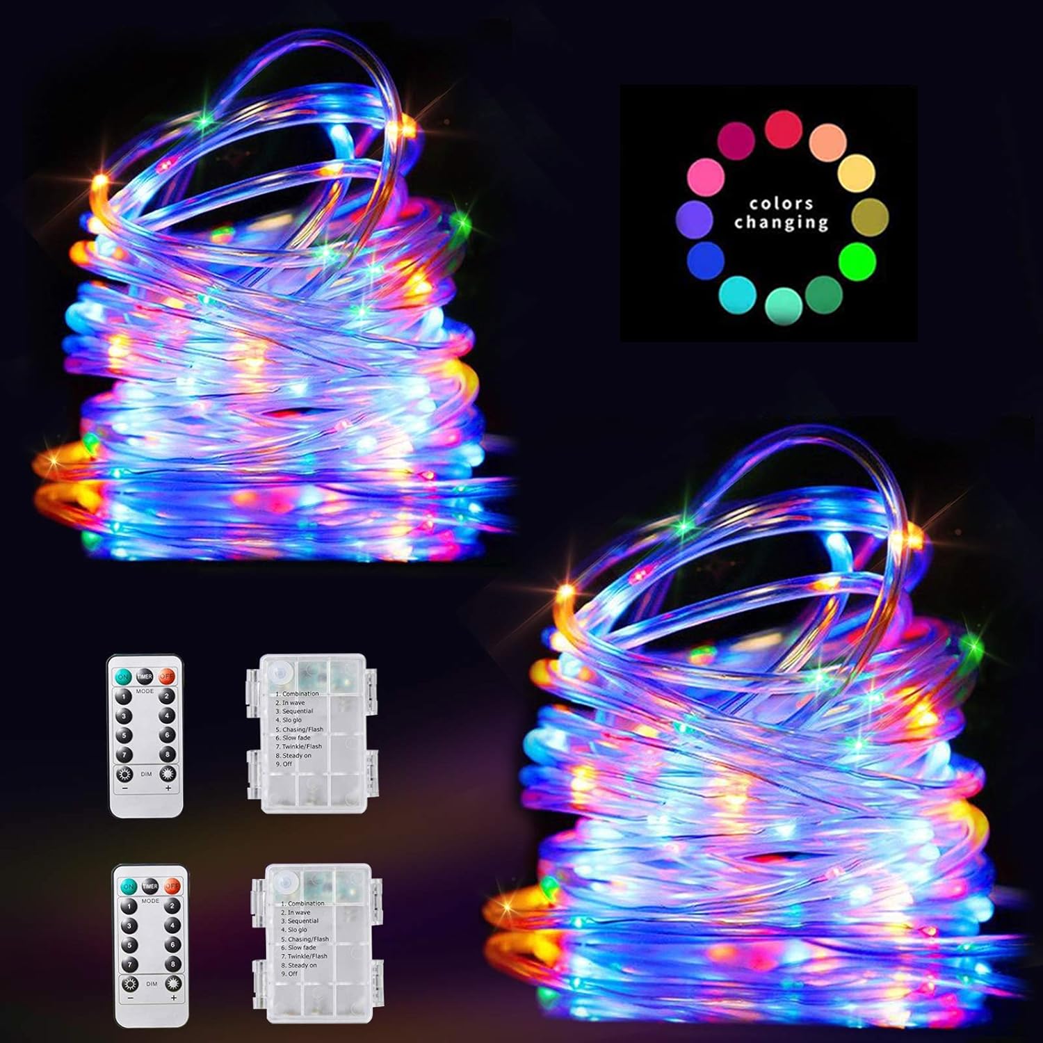 Cuerda de luces LED, paquete de 2 luces de Navidad multicolor para exteriores con control remoto, 40 pies, 120 LED, 8 modos, tira impermeable,