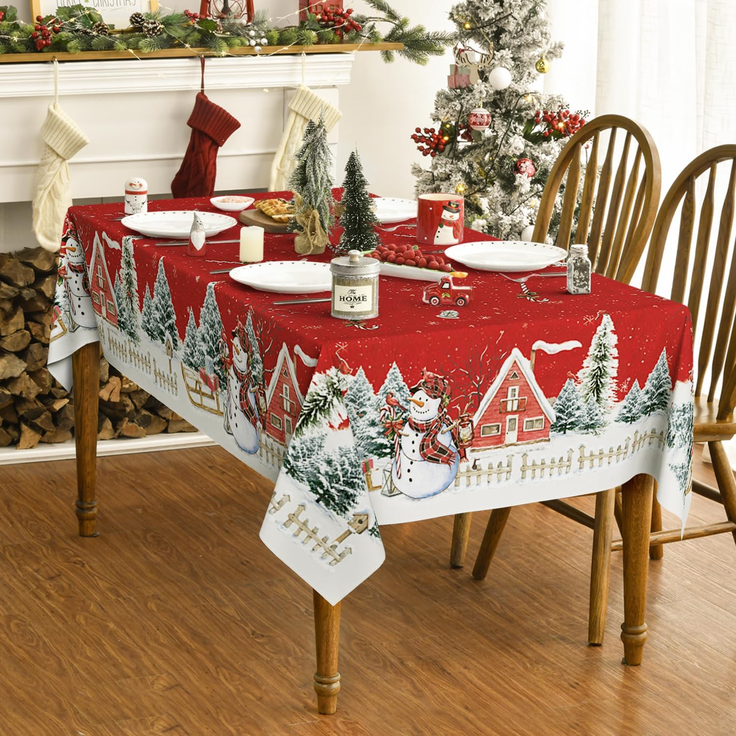 Horaldaily Mantel de Navidad de 60 x 84 pulgadas, casa de muñeco de nieve de invierno, árboles de Navidad, color rojo, lavable, para fiesta, picnic,