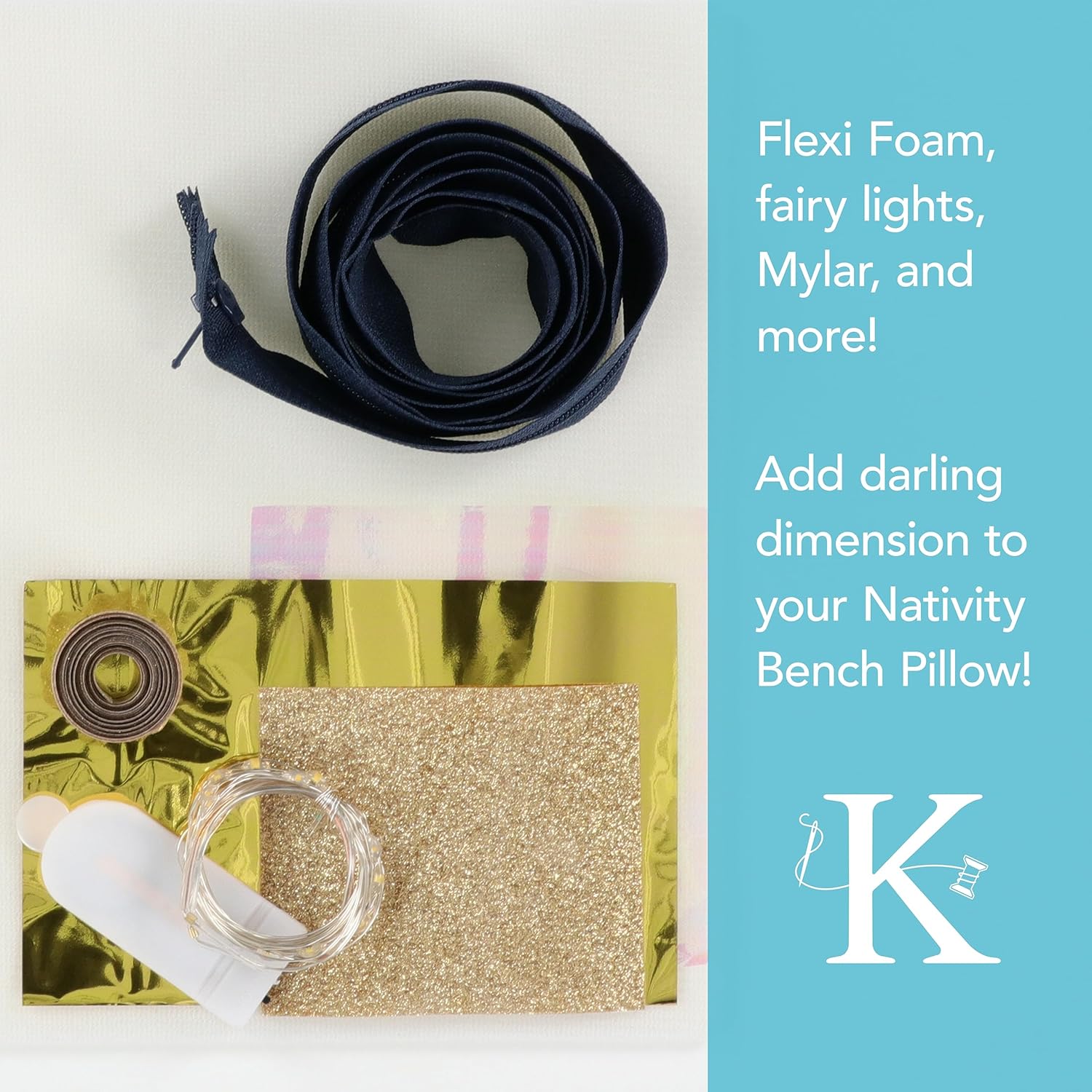 Kimberbell Kit de adornos de Belén – Kit de adornos para manualidades, juego de 7 piezas con apliques de purpurina, luces de hadas y cremallera,