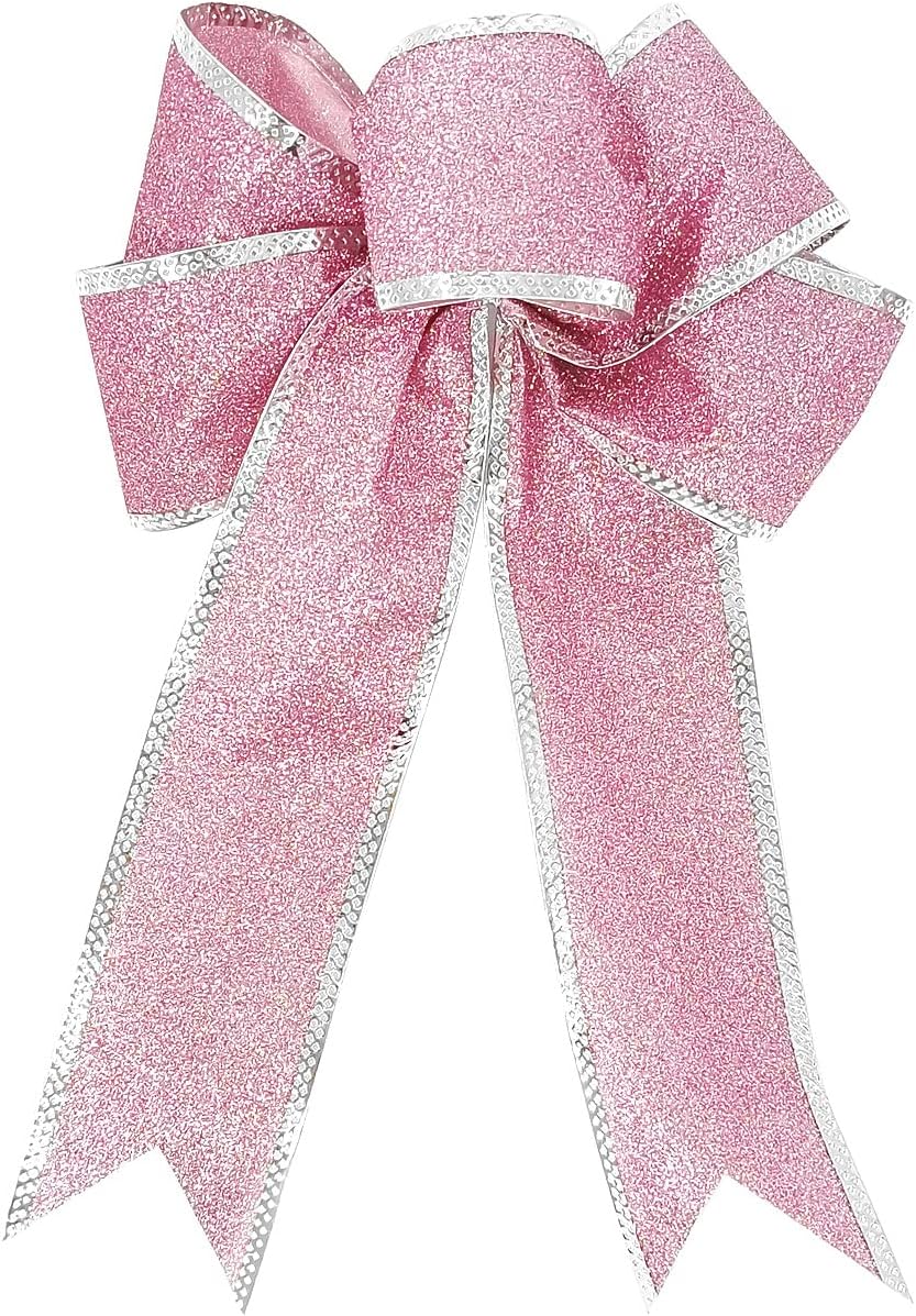 12 piezas de lujo de 8 pulgadas con purpurina rosa artificial, lazo de Navidad para árbol de Navidad, coronas, decoración de caja de regalo, adorno