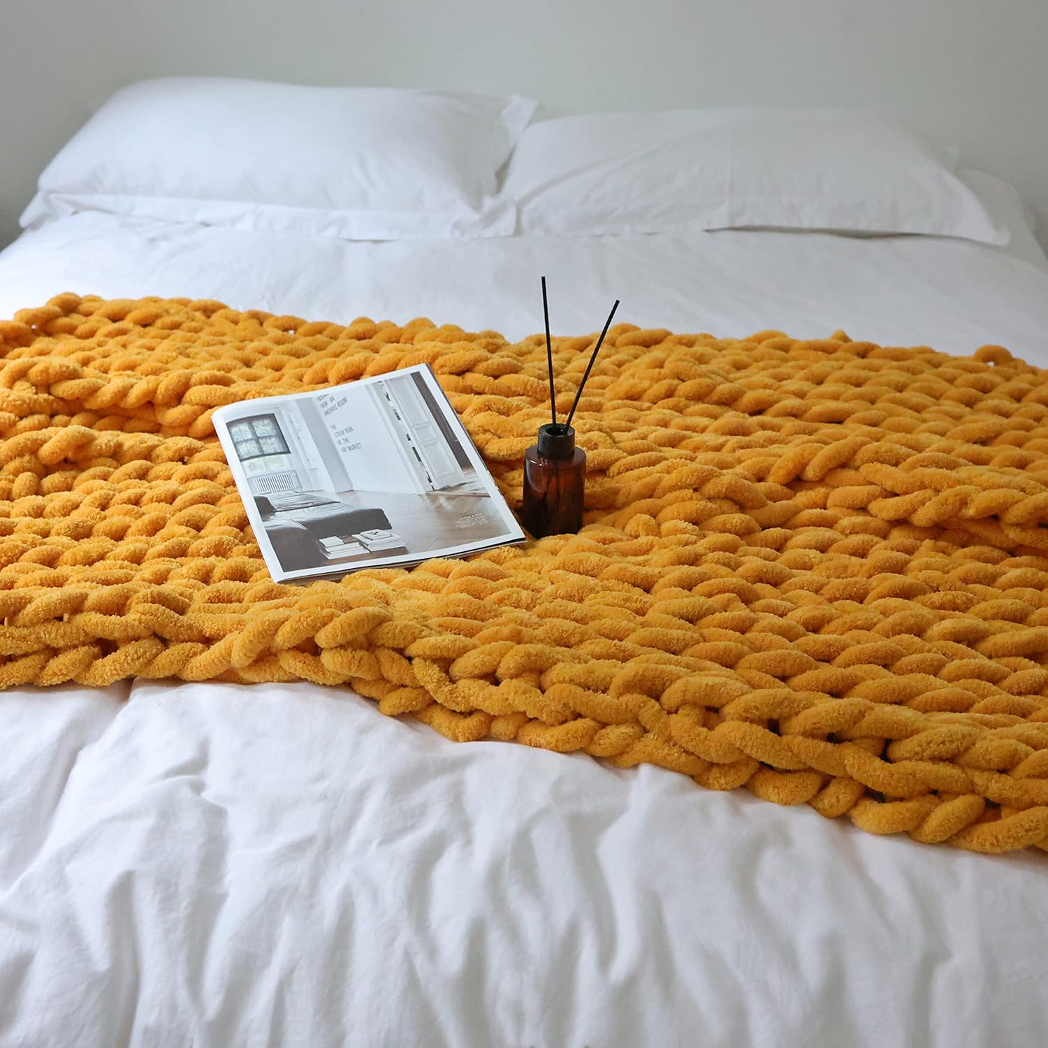 Manta de punto grueso de felpilla (50 x 60 pulgadas), hecha a mano, cálida y acogedora para sofá, cama, decoración del hogar, banco de vellón suave