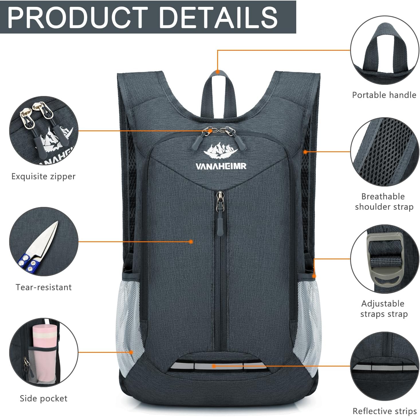 Mochila de senderismo ligera de 15 litros plegable pequeña mochila de viaje mochila de camping plegable para mujeres y hombres, Gris-oscuro,