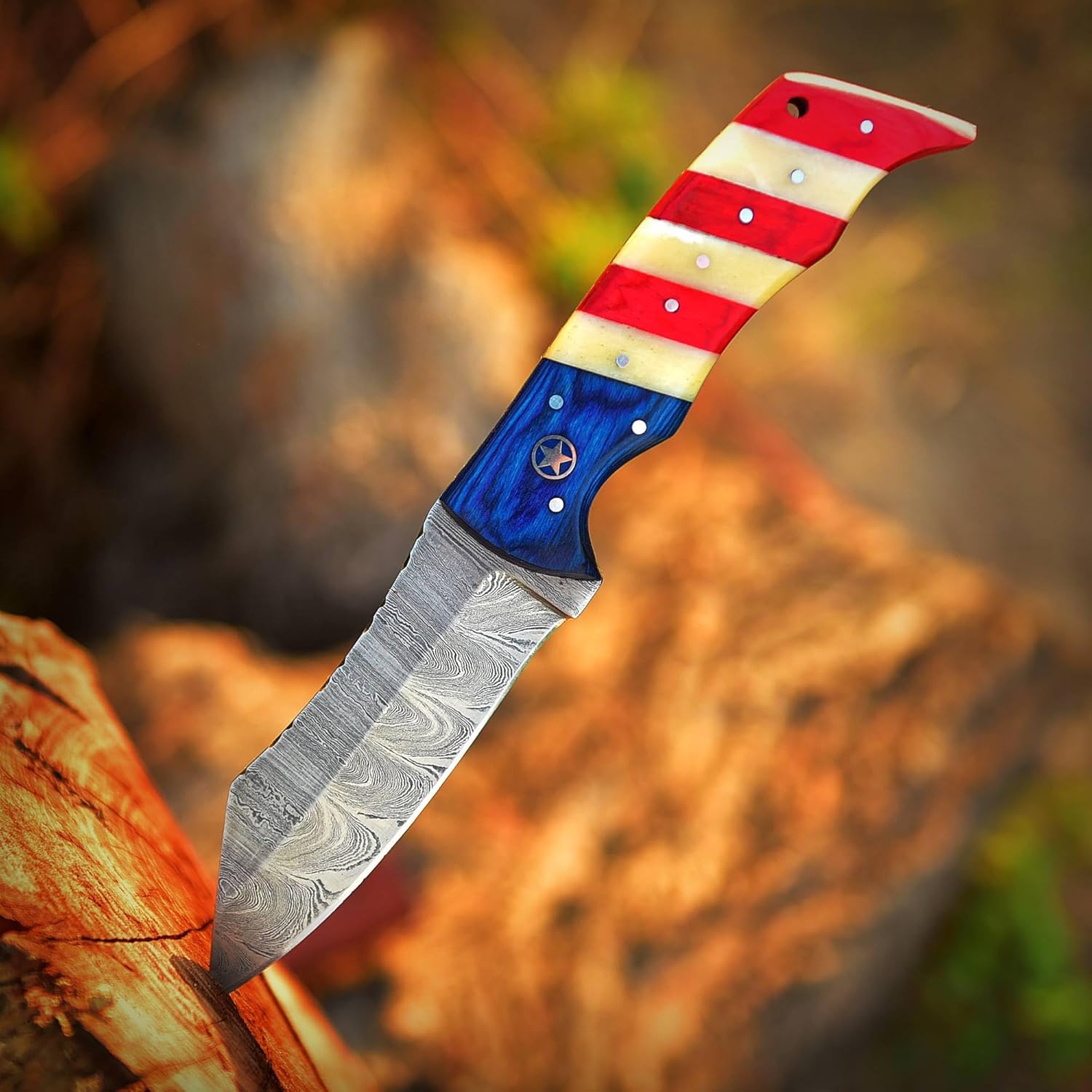 Cuchillo de caza de Damasco hecho a mano de 8 pulgadas, cuchillo de caza de hoja fija con funda de cuero, cuchillo de damasco de hoja fija con mango