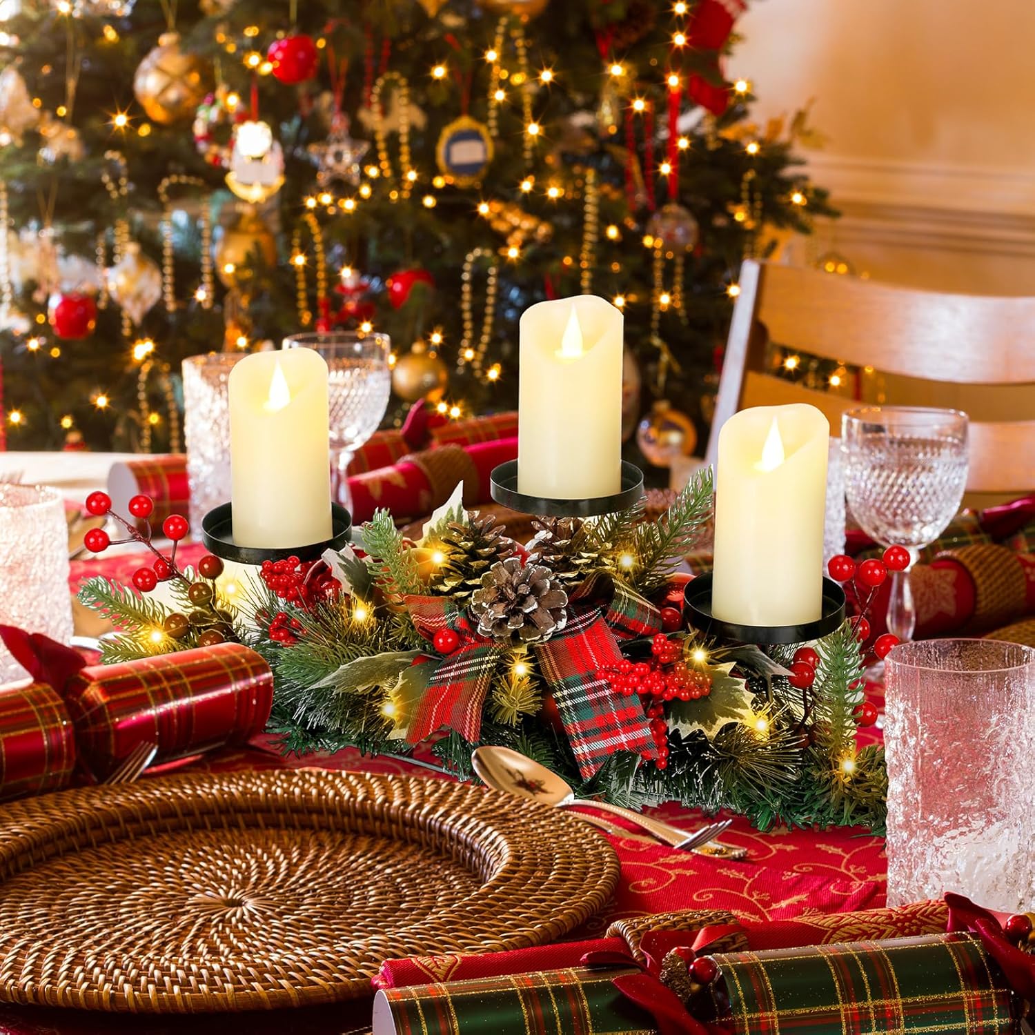2 piezas de decoración de mesa de Navidad con 6 luces LED artificiales, funciona con pilas, candelabros triples para Navidad, para comedor, cocina,