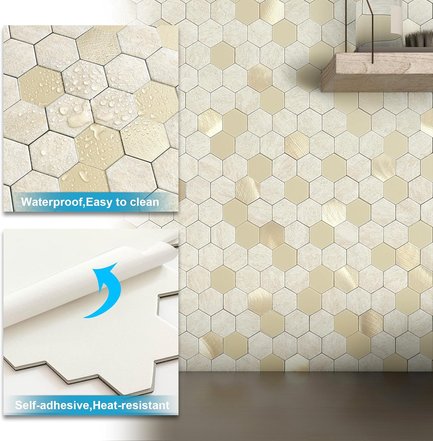 BeNice Azulejo adhesivo para salpicaduras de baño, azulejos hexagonales para despegar y pegar, panel de pared de cocina, protector contra