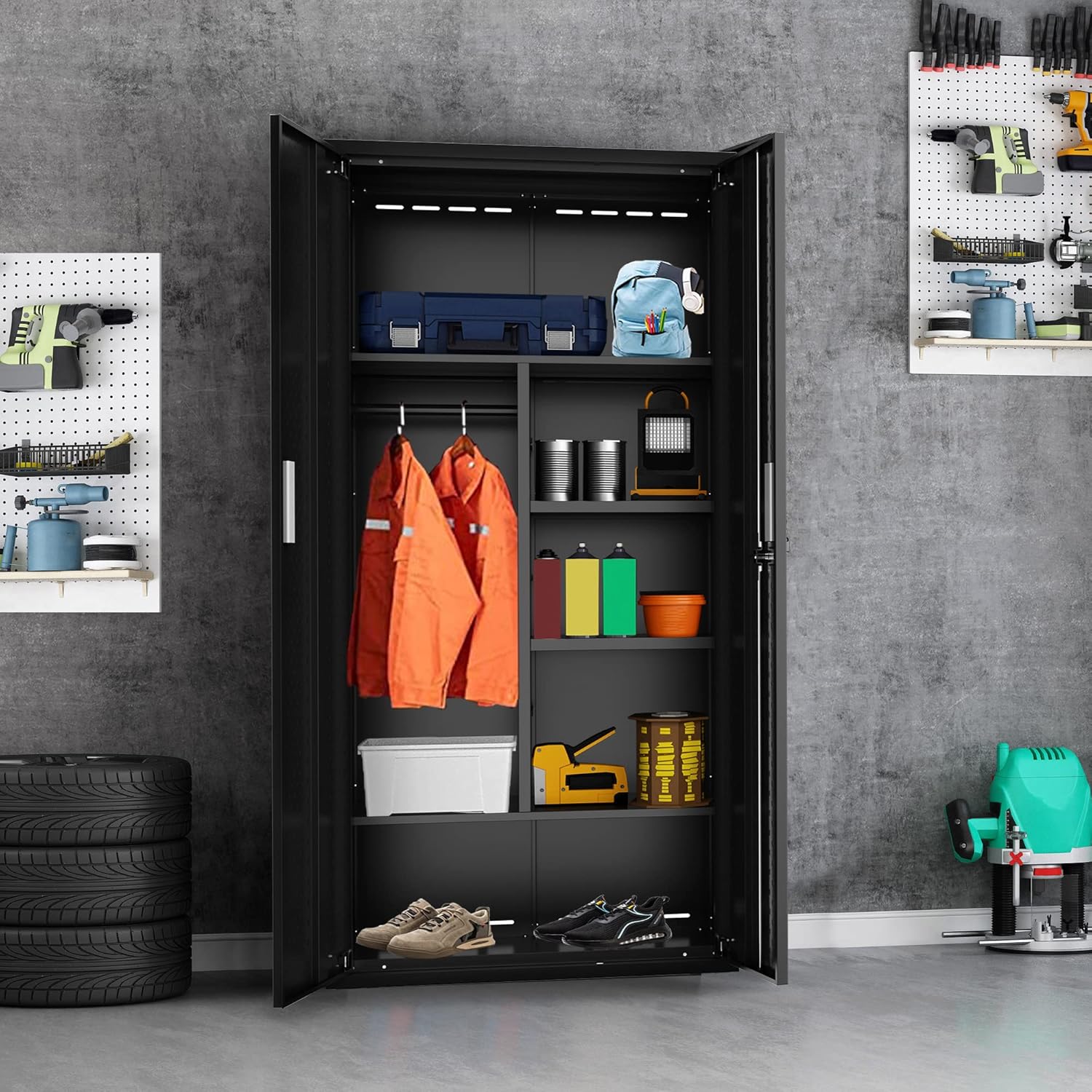 Metal Storage Cabinets Locker for Home Office, 71″ Garage Storage Cabinet with Lockable Door, Adjustable Shelves and Hanging Rod, Steel Wardrobe