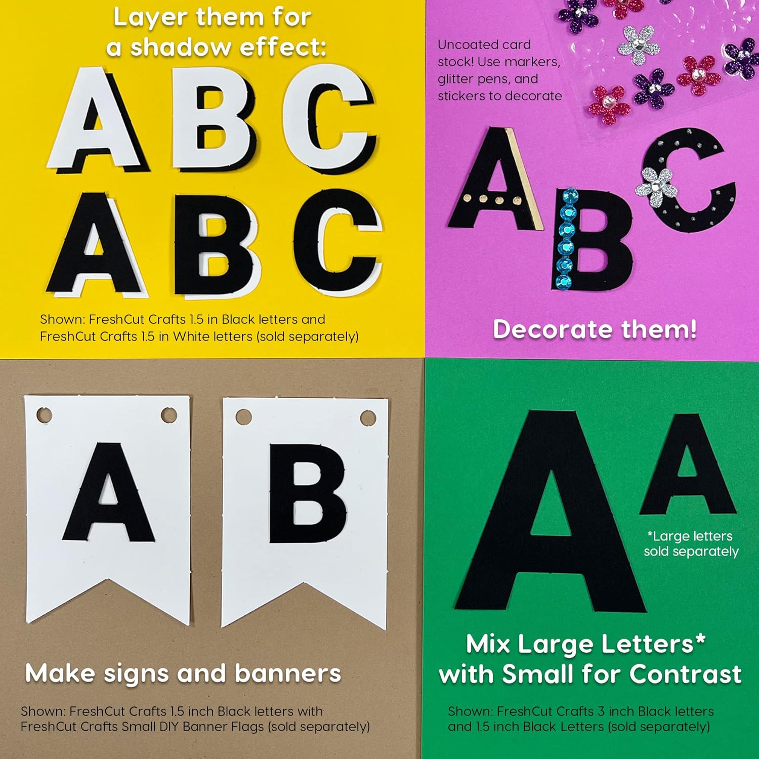 FreshCut Crafts Letras y números para tablón de anuncios, color negro de 1.5 pulgadas, letras del alfabeto mayúsculas, números, puntuación, tarjetas