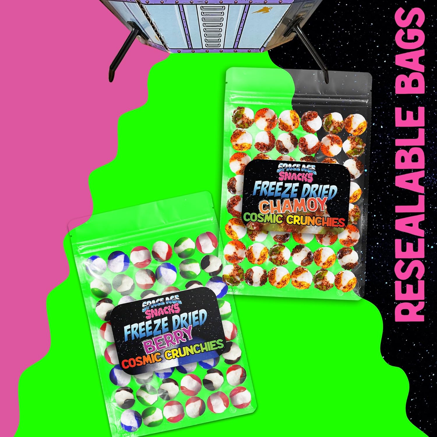 Paquete variado liofilizado premium con 2 tipos de dulces liofilizados  Chamoy Cosmic Crunchies y Berry Cosmic Crunchies se envían en caja de nave