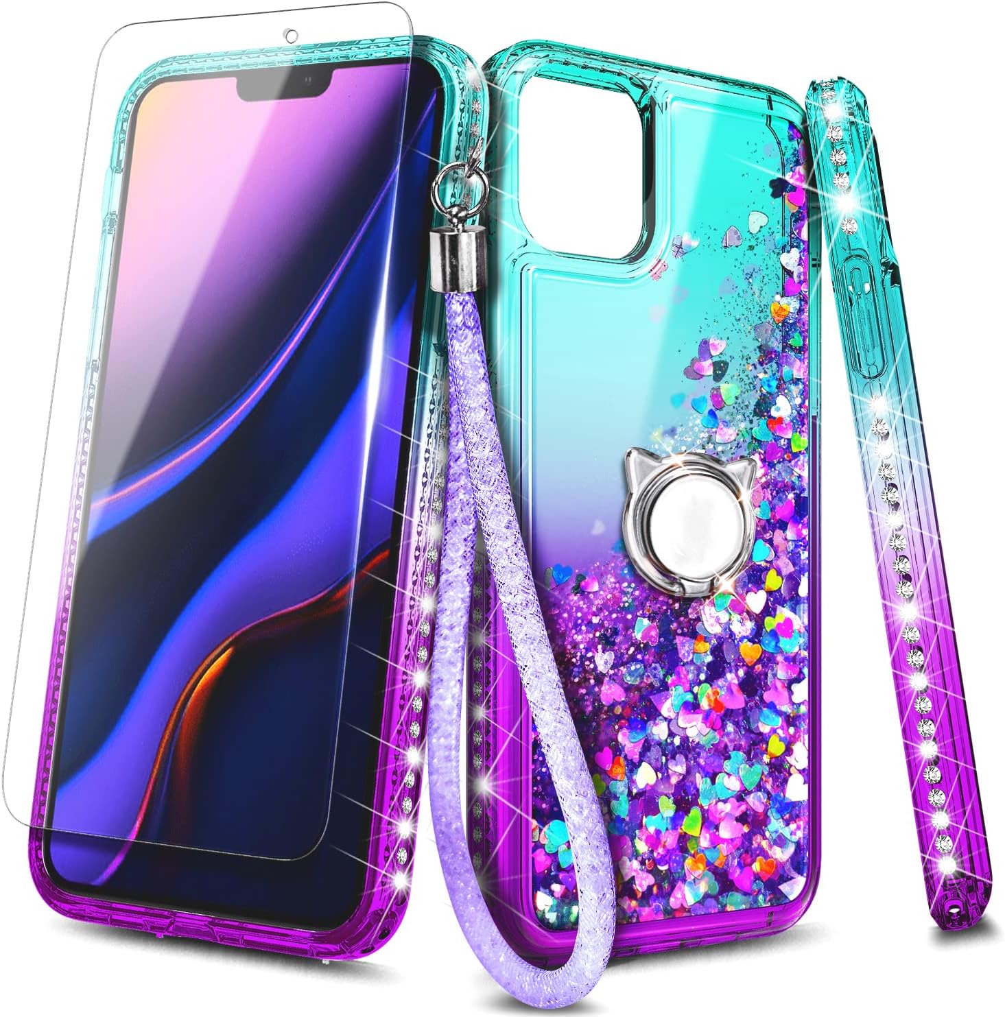 NGB Funda compatible con iPhone 11 Pro Max con protector de pantalla de vidrio templado, soporte de anillocorrea de muñeca, para niñas y mujeres,