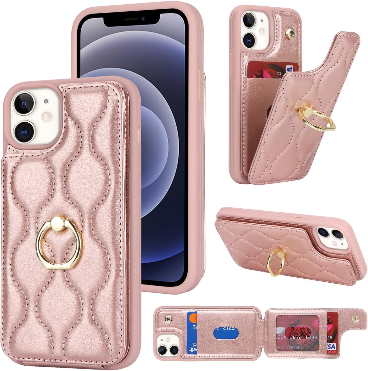 Lipvina Funda para iPhone 12 Mini con tarjetero, soporte para tarjeta de crédito, soporte de anillo de soporte y bloqueo RFID, funda de piel