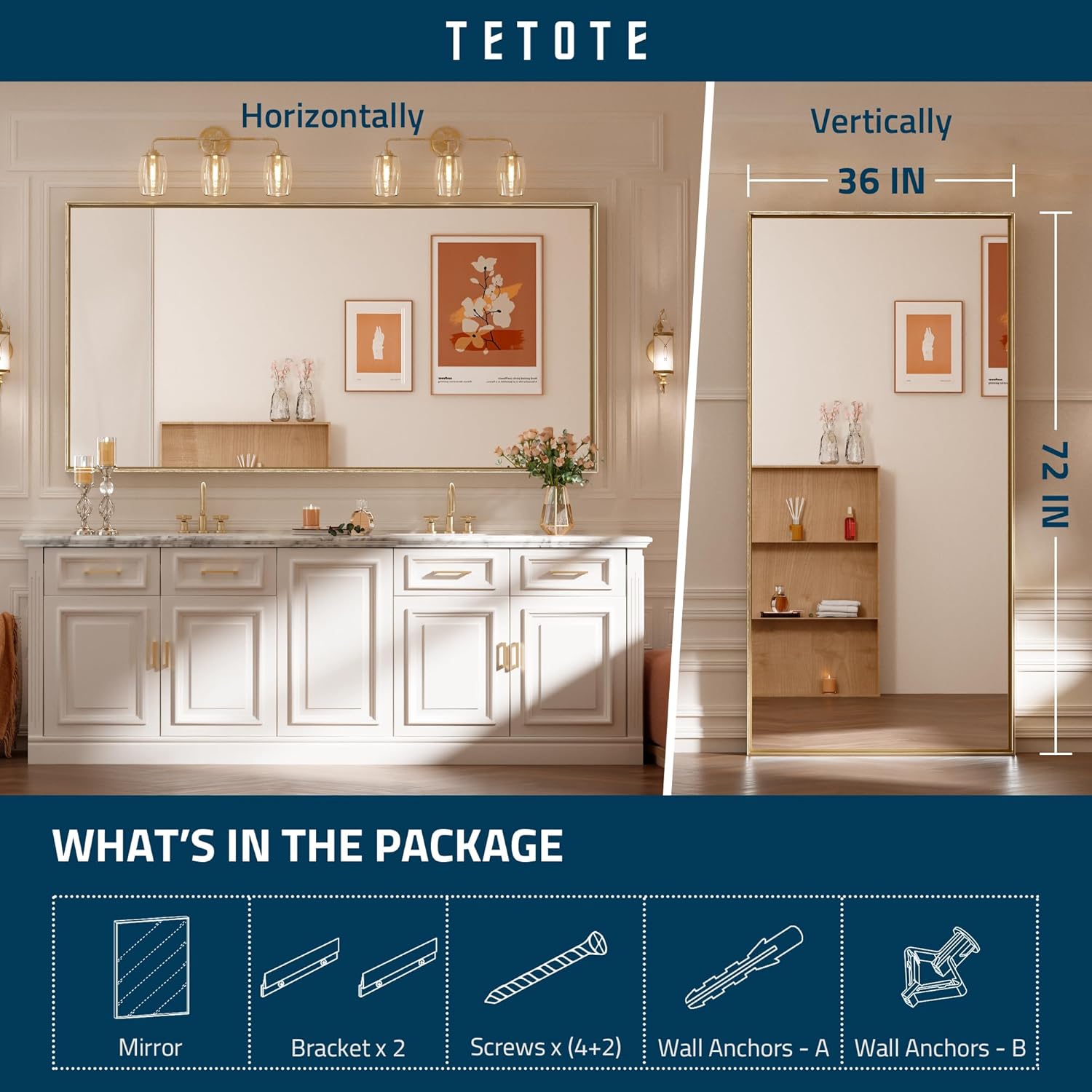 TETOTE Espejo de pared grande rectangular con marco dorado cepillado de 72 x 36 pulgadas, espejo de pared grande rectangular de latón con marco de