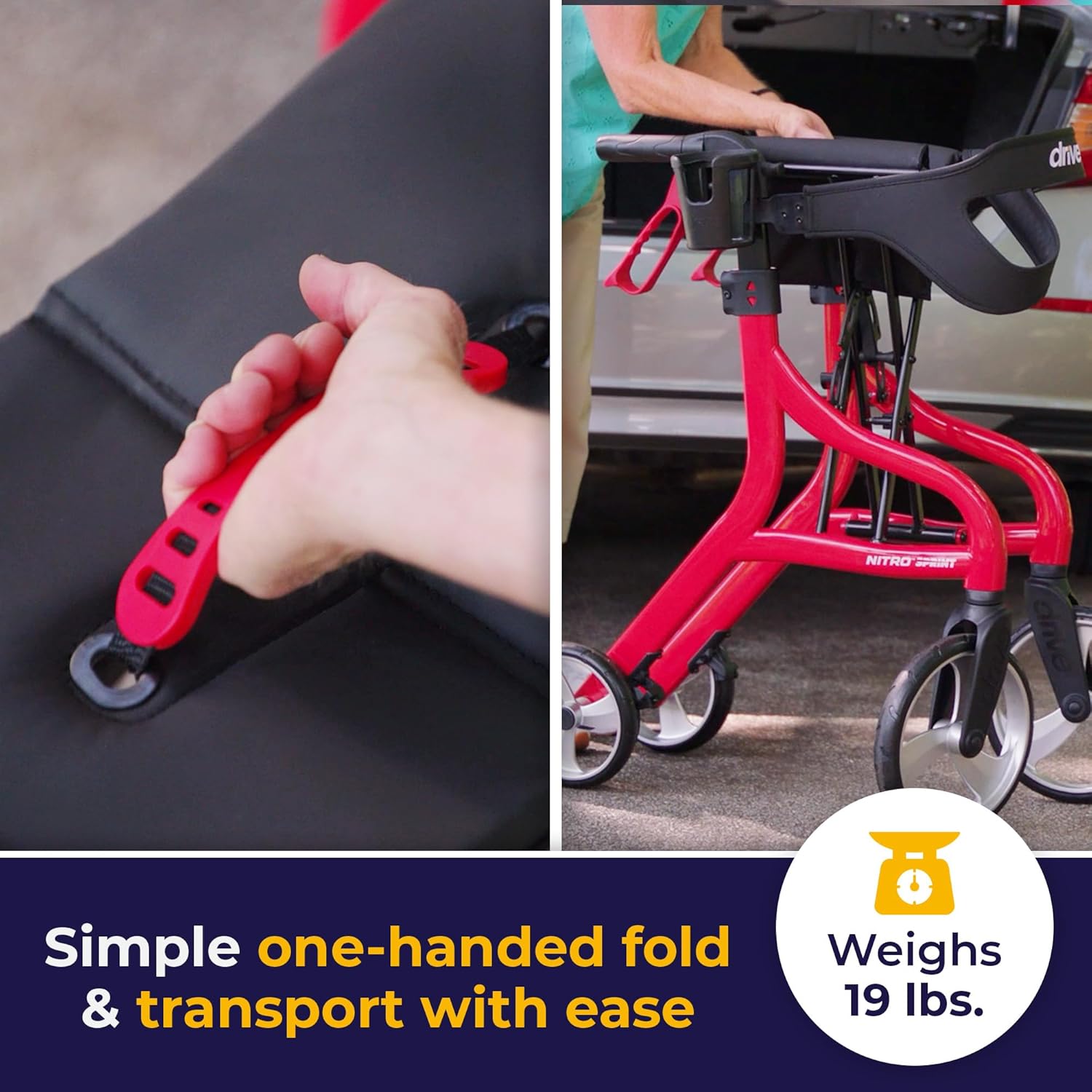 Drive Medical Nitro Sprint – Andador plegable con asiento, ligero, para estatura estándar, con ruedas grandes, plegable, color rojo