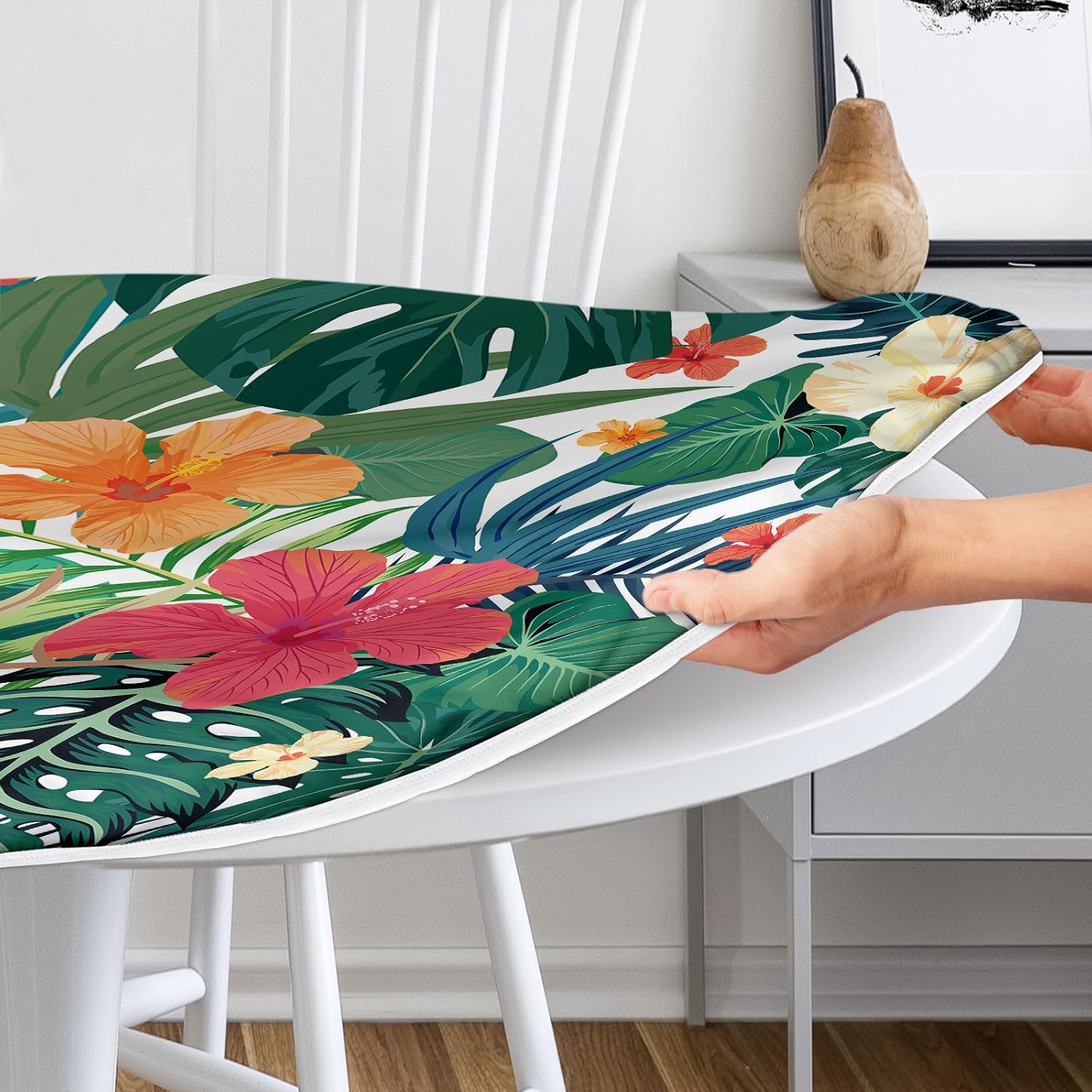 Mantel redondo ajustable con hojas de palma tropicales elásticas para exteriores, mantel redondo impermeable para cocina, fiesta, picnic, 45 a 54