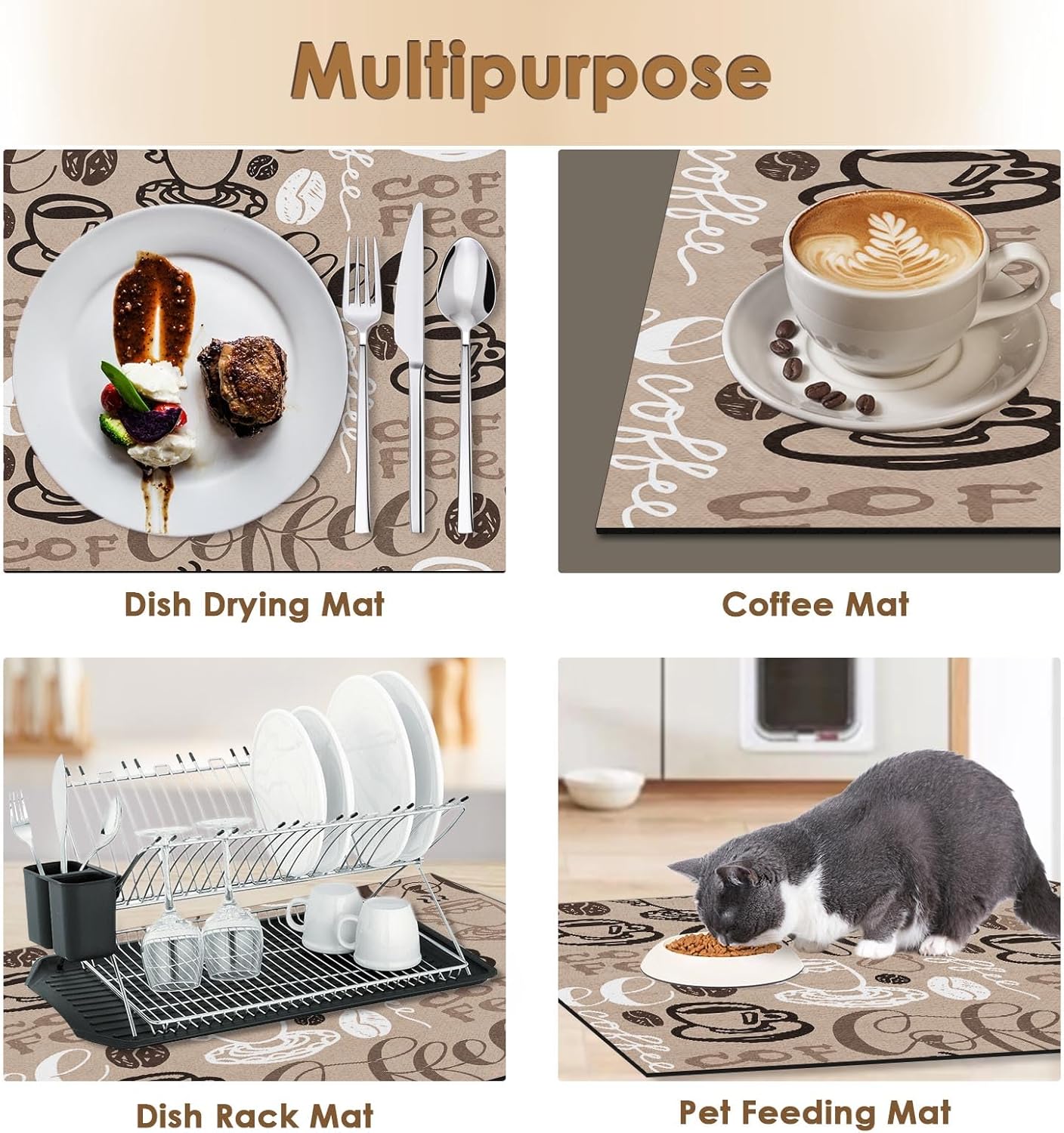 Tapete de café para encimeras, bonito tapete creativo de secado de platos de café marrón, 2 piezas para accesorios de cocina, cafeteracafetera,