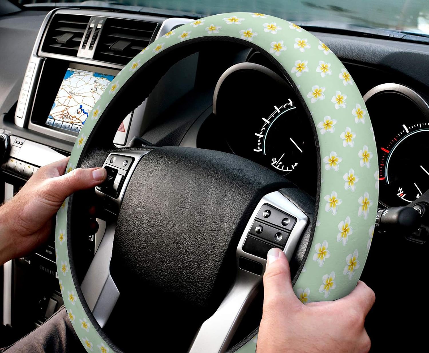 Funda protectora para volante de automóvil, funda protectora elástica de plumeria floral verde para vehículos, camiones, SUV, accesorios