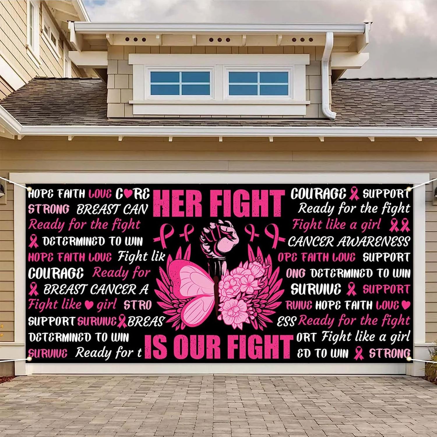 Avezano Pancarta para puerta de garaje de concientización sobre el cáncer de mama, 6 x 13 pies, con texto en inglés Her Fight is Our Fight is Our