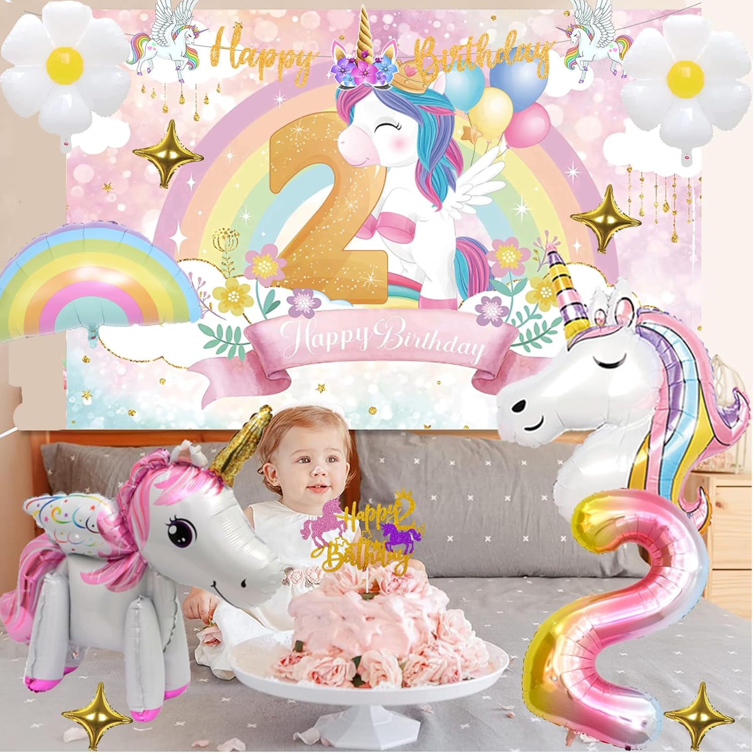 128 decoraciones de unicornio para el segundo cumpleaños para niñas, decoraciones de fiesta de cumpleaños de unicornio de Fiesec de dos años,