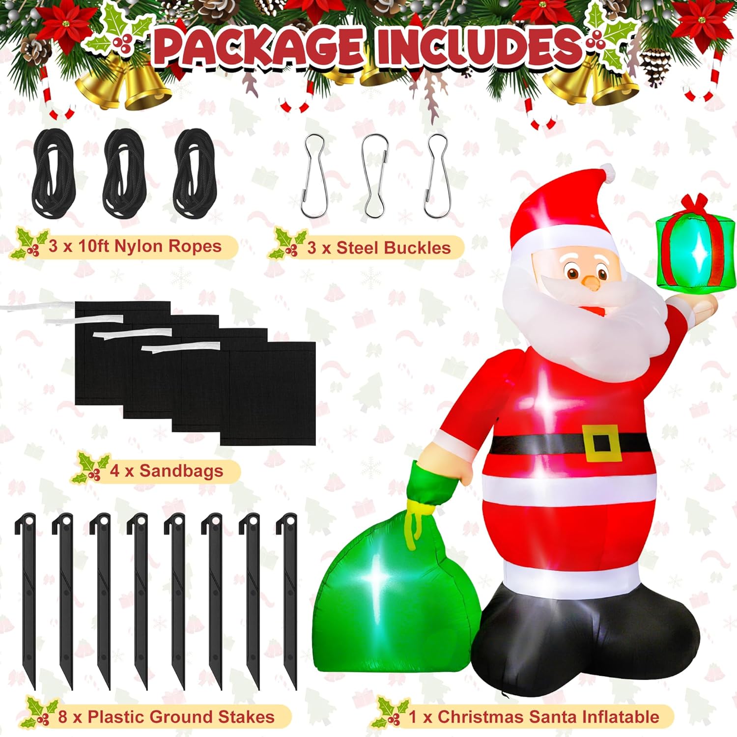 Inflables de Navidad de 14 pies, Papá Noel inflable gigante con bolsa de regalo, Papá Noel de Navidad inflable con 6 luces LED, decoraciones