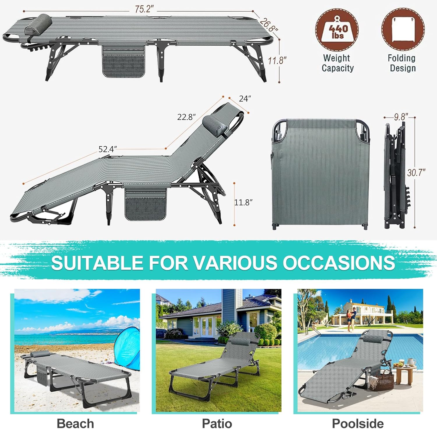 ABORON Paquete de 2 sillas plegables 3 en 1, silla tumbona de carga resistente de 500 libras, silla portátil ajustable para el hogar, jardín, playa,