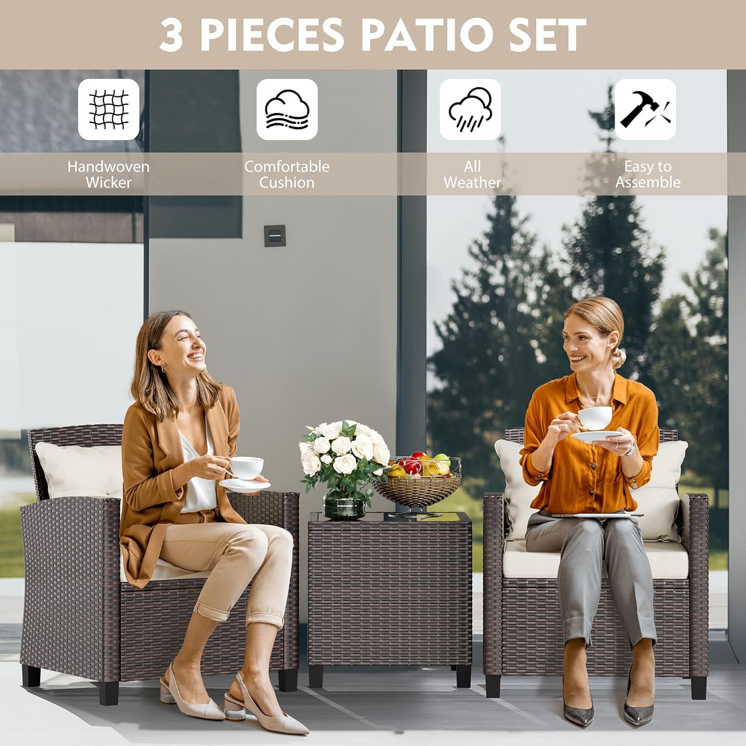 Vongrasig Juego de muebles de patio de 3 piezas pequeños de mimbre para exteriores, porche, bistró, juego de sillas de patio acolchadas con mesa de