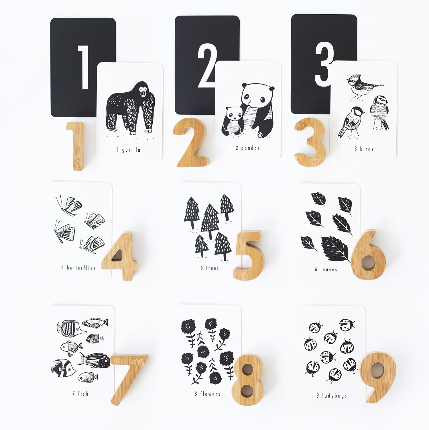 Wee Gallery Juego de tarjetas de números de bambú y números de la naturaleza, juguetes educativos de aprendizaje para bebés, niños pequeños, niños