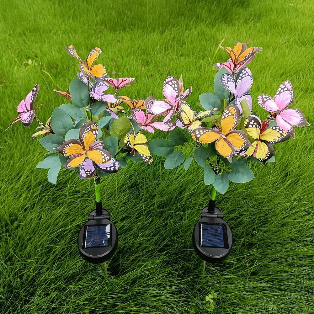 2 luces solares de mariposa para exteriores, luz de flores artificiales, decoración del hogar, lámpara de árbol de mariposa IP65, impermeable, luces