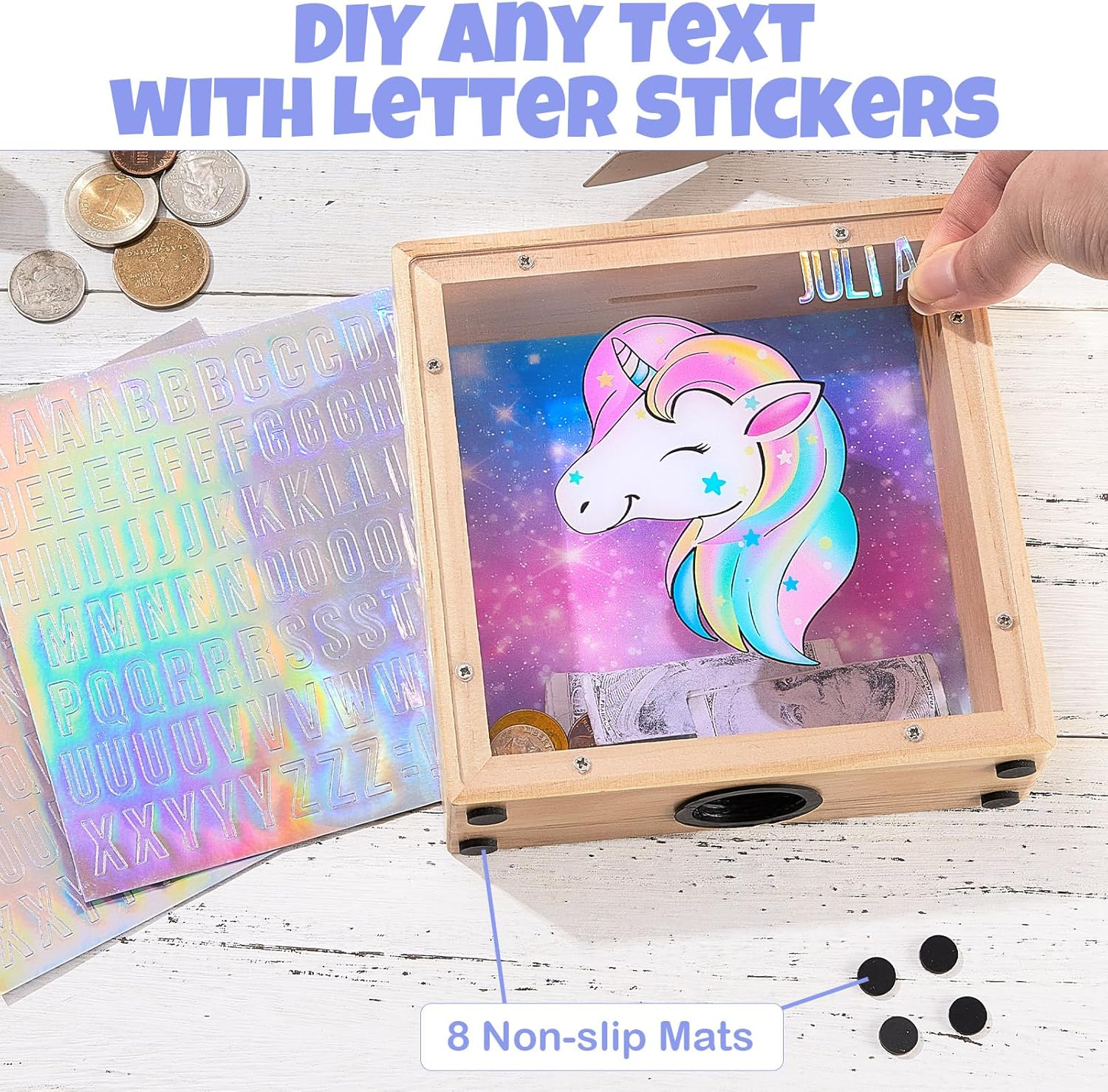 Hedgeink – Hucha para niñas, alcancía de unicornio para dinero, con calcomanías del alfabeto (fucsia azul)