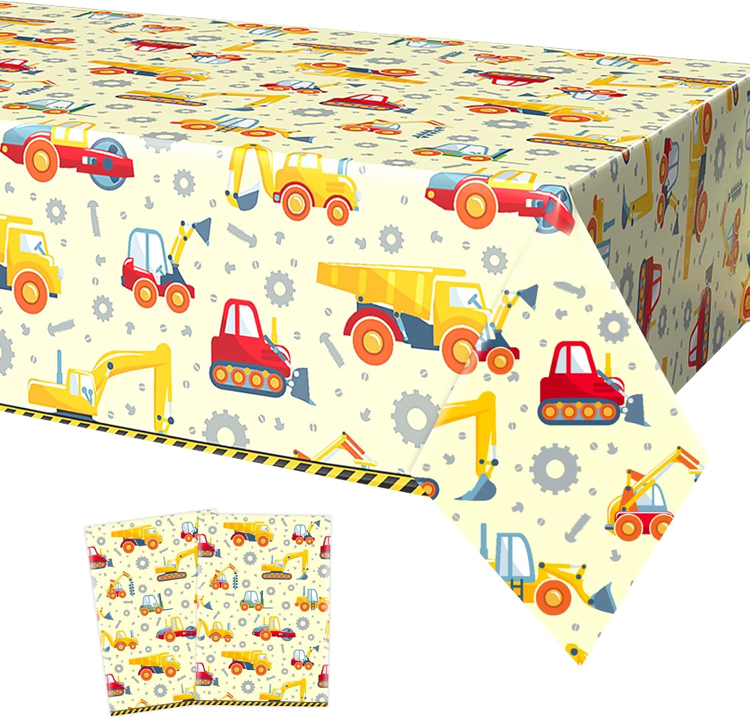 FunHot Manteles de construcción, 2 fundas de mesa de construcción amarillas, 54 x 108 pulgadas, manteles rectangulares de vehículos de construcción